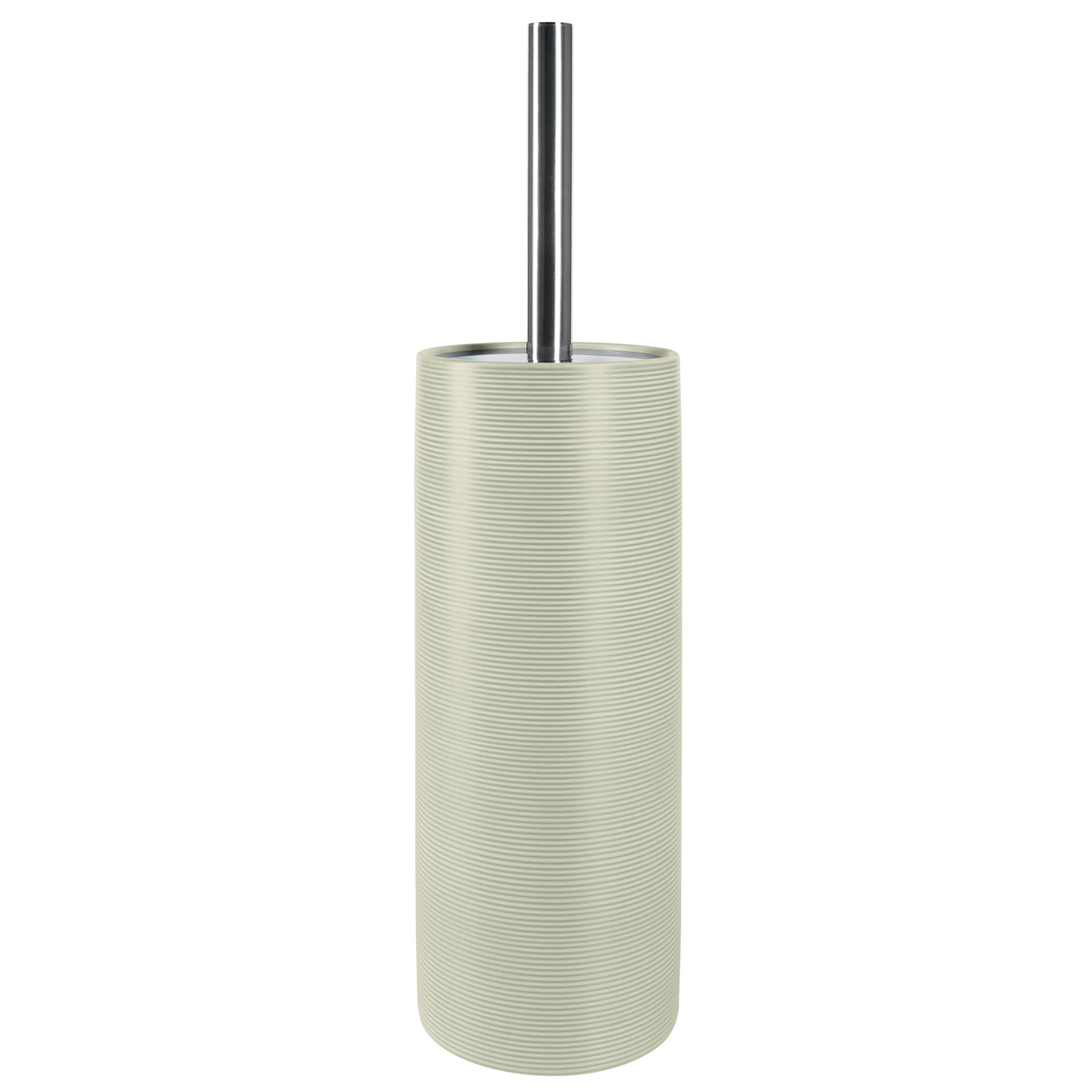 Beiger gerippter Toilettenbürstenhalter mit chromiertem Griff, der aufrecht auf einem einfachen Hintergrund steht.