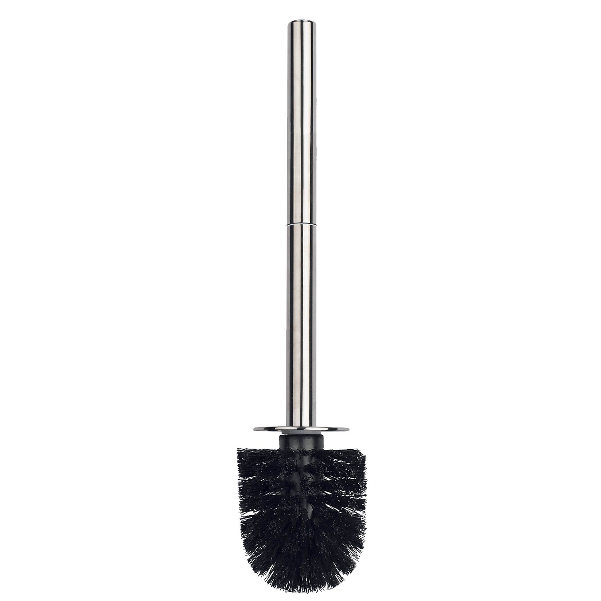 Eine schwarze Toilettenbürste mit einem Griff aus Edelstahl, die aufrecht auf weißem Hintergrund steht.