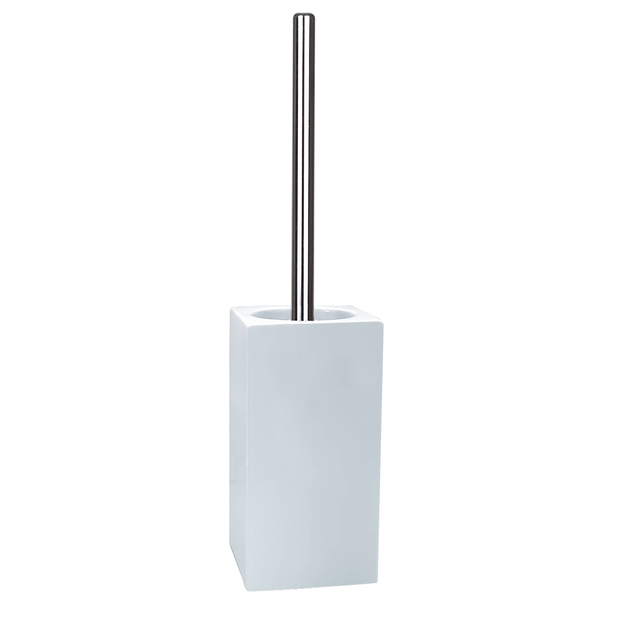 Ein weißer Toilettenbürsten-Halter mit langem silbernem Griff, der aufrecht auf einem einfarbigen Hintergrund steht.