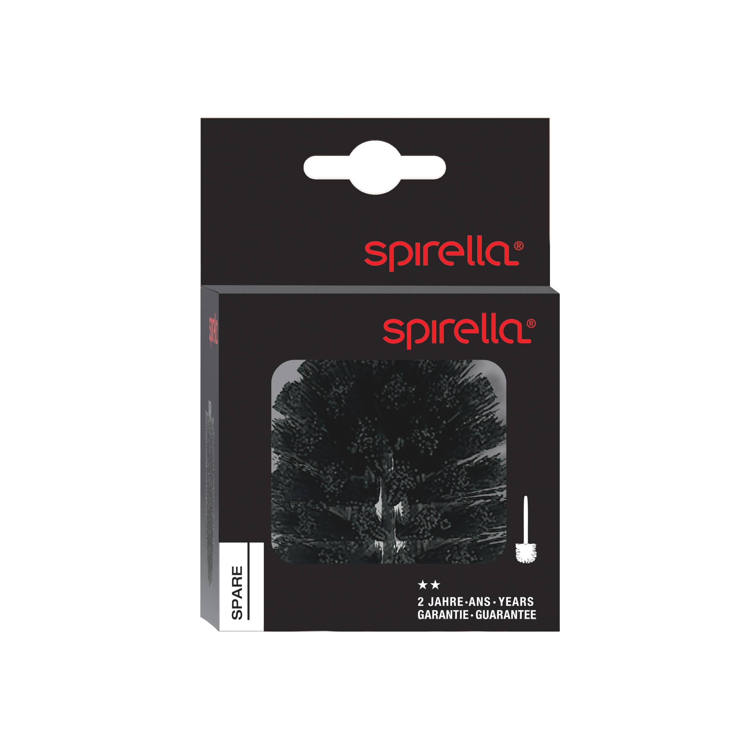 Spirella Ersatz-Toilettenbürsten-Kopf in schwarzer Verpackung, mit Produktabbildung und Text „2 Jahre Garantie