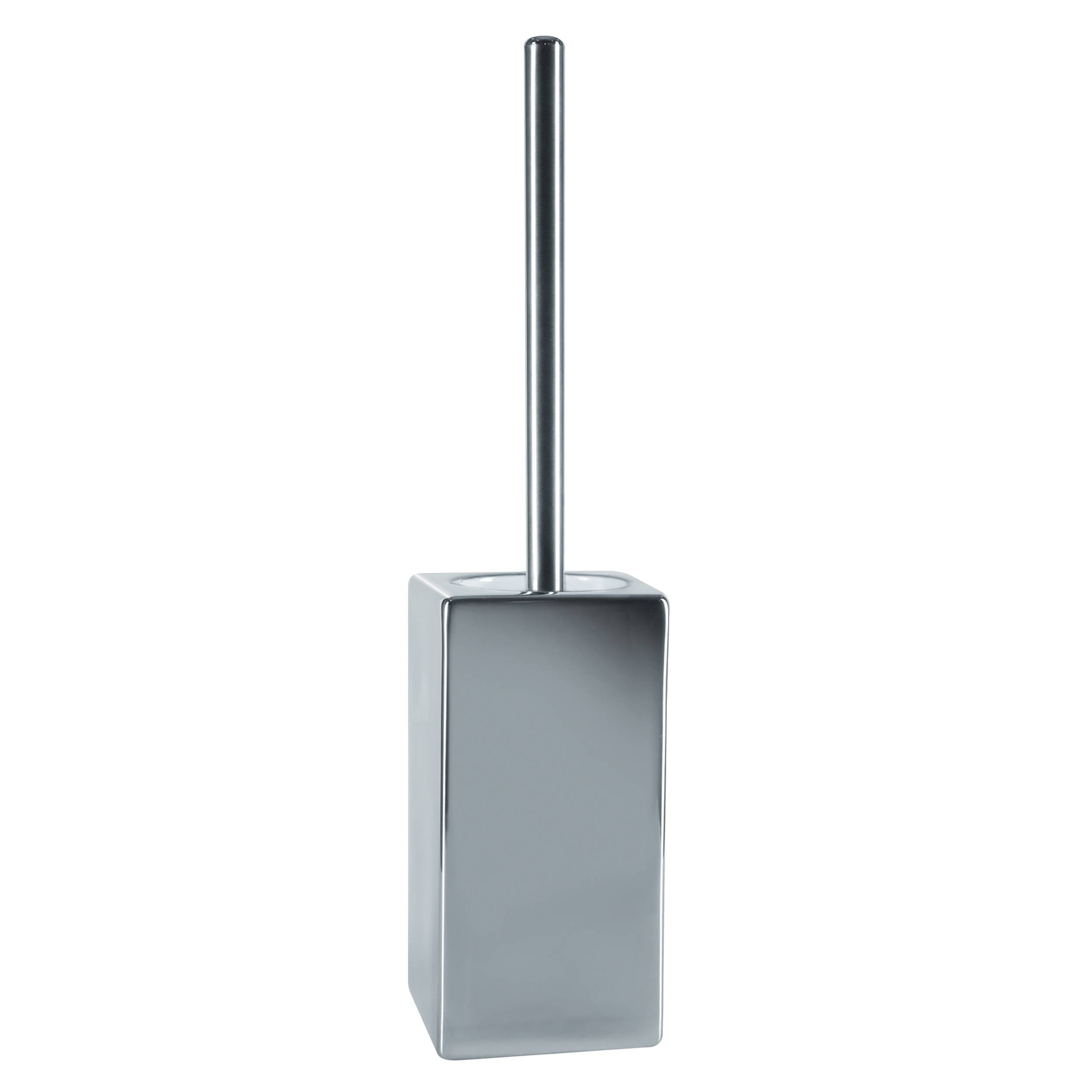 Chrom-Toilettenbürsten-Halter mit langem Stiel, isoliert auf weißem Hintergrund dargestellt.