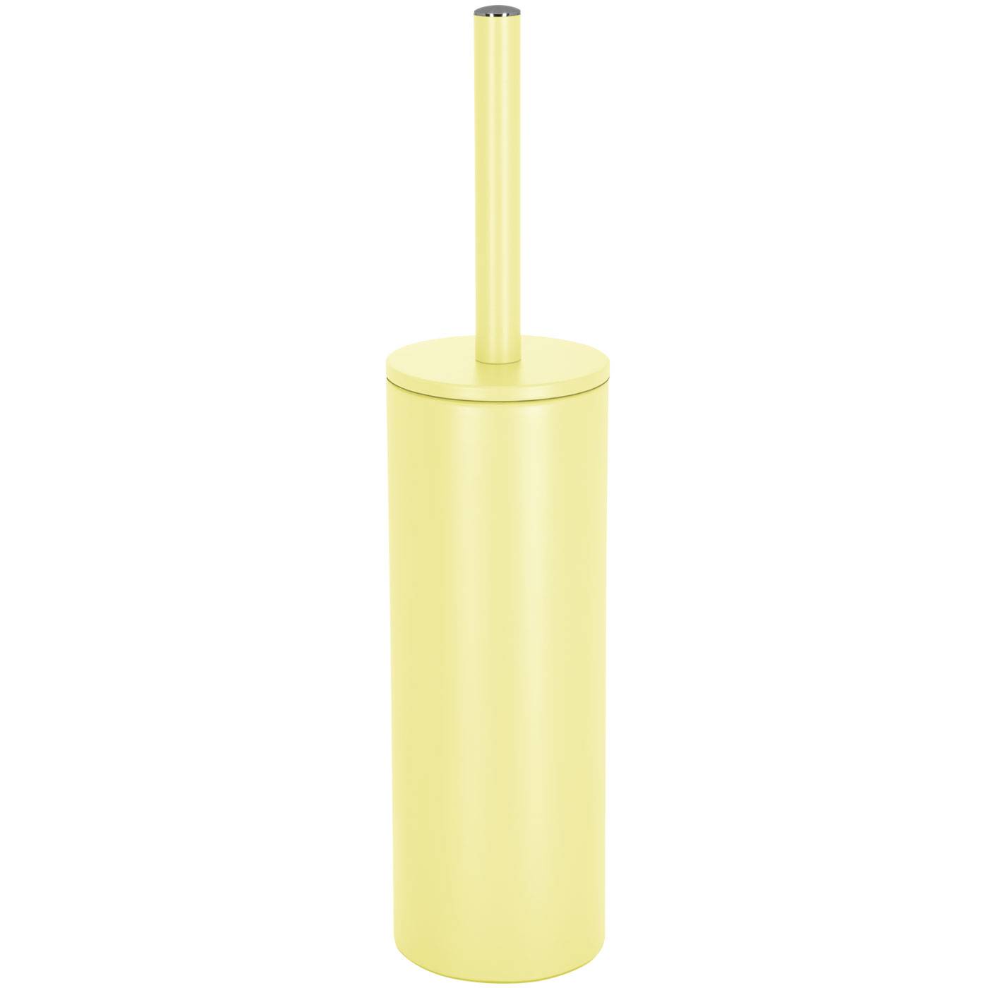 Gelbe Toilettenbürste mit zylindrischem Behälter und langem Griff auf weißem Hintergrund.