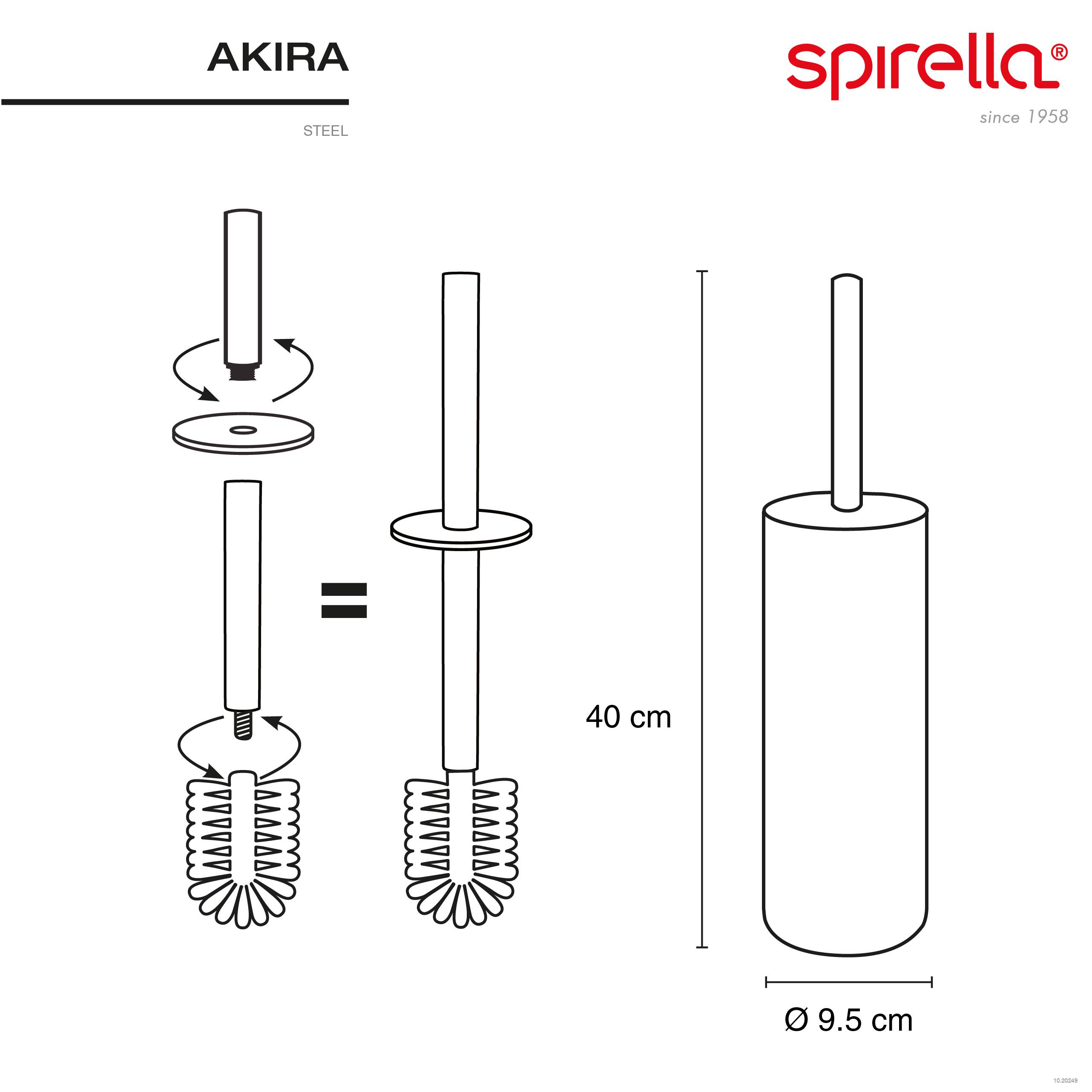 Technisches Montagediagramm für die Akira-Stahltoilettenbürste: Der Bürstenkopf wird in einen zylindrischen Behälter eingesetzt, dargestellt mit einer Höhe von 40 cm und einem Durchmesser von 9,5 cm.