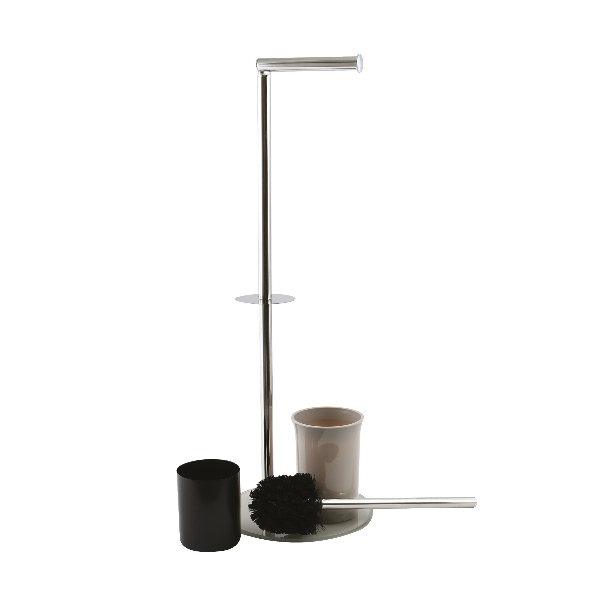 Chrom-Toilettenbürstenset mit Halter, schwarze Bürste und Becher, auf weißem Hintergrund gezeigt.