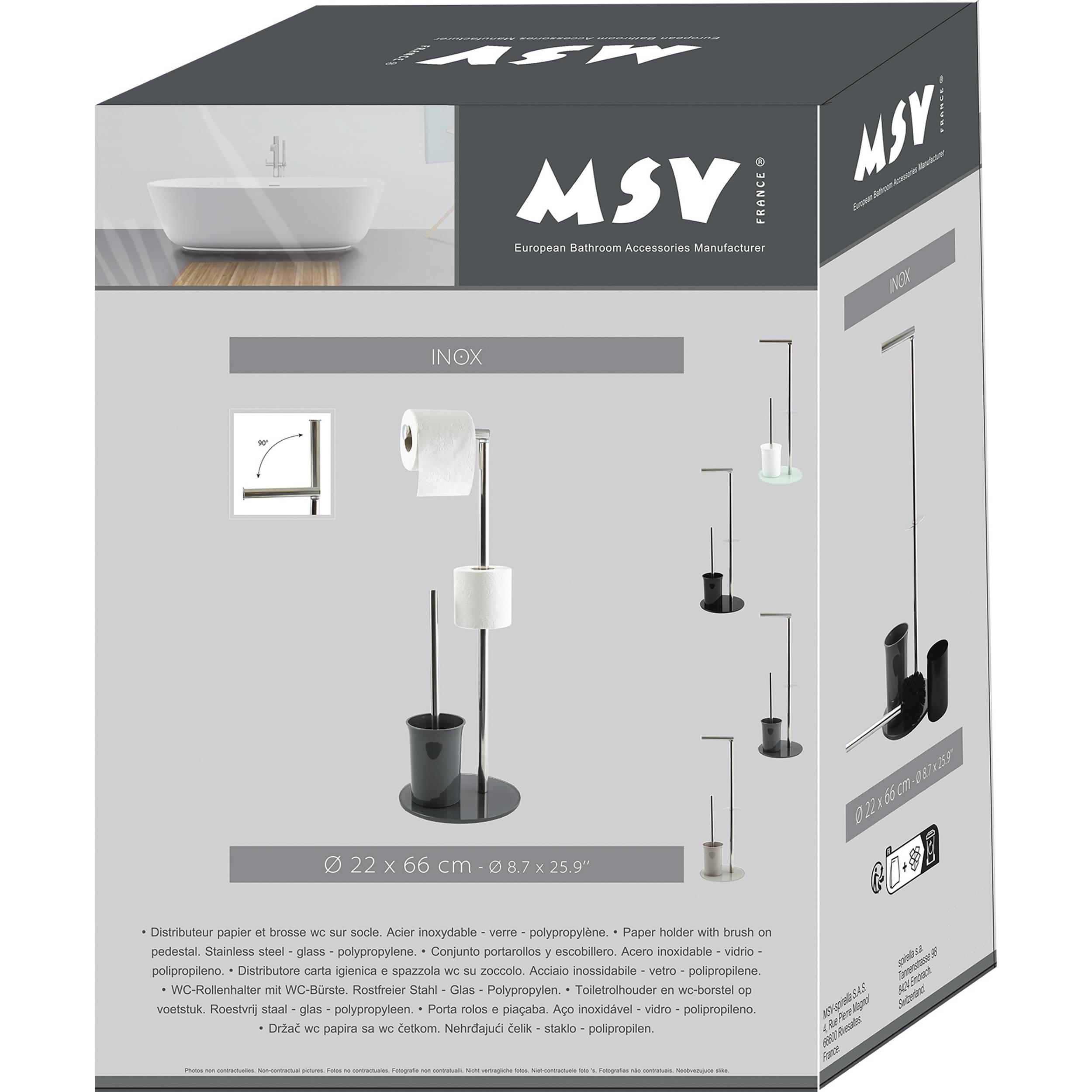 Produktverpackung für MSV 'INOX' Badaccessoires mit einem Toilettenpapierhalter mit Bürste und passenden wandmontierten Accessoires aus Edelstahl.
