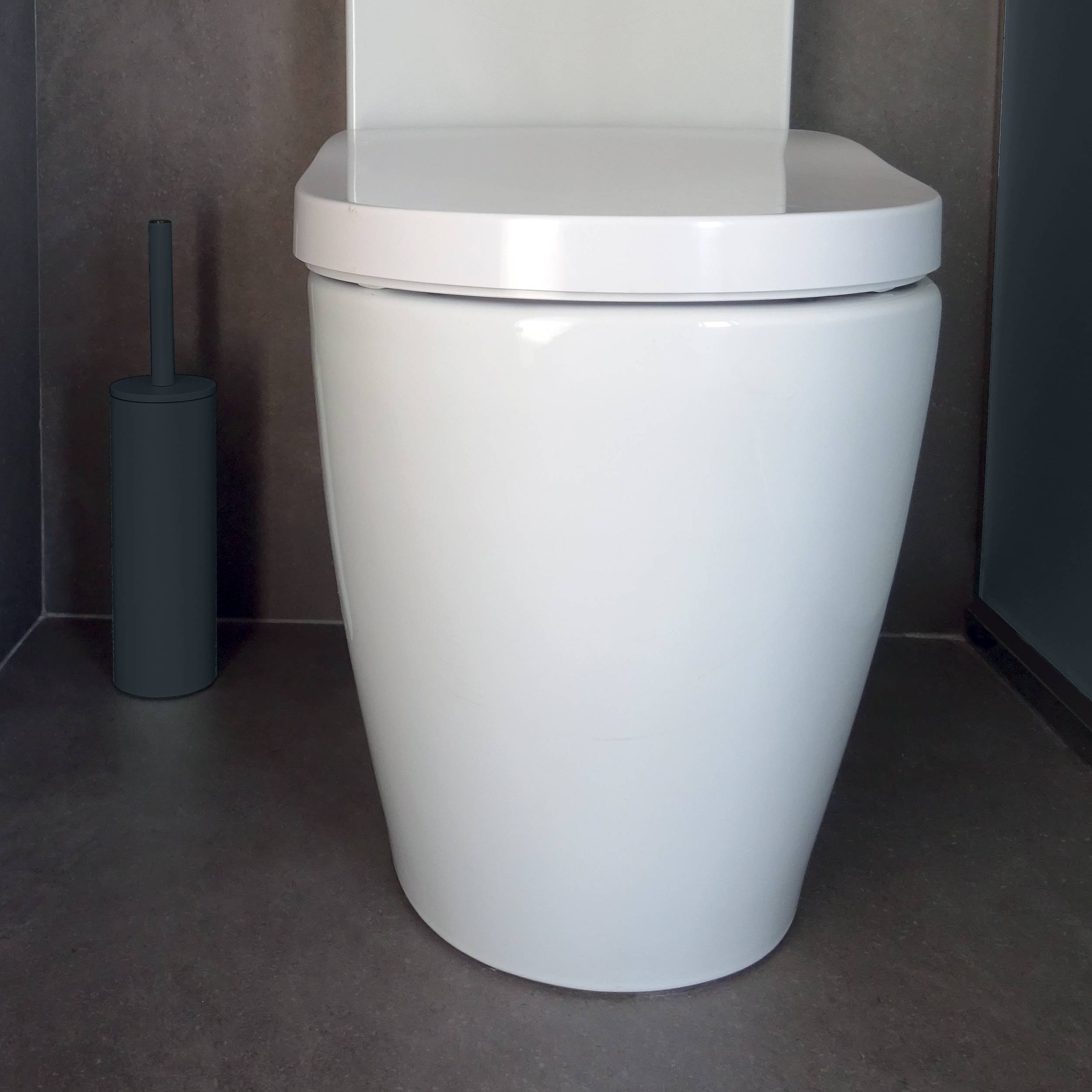 Modernes weißes Toilettenbecken mit dunklem Toilettenbürsten-Halter in einer kleinen Badezimmer-Nische.