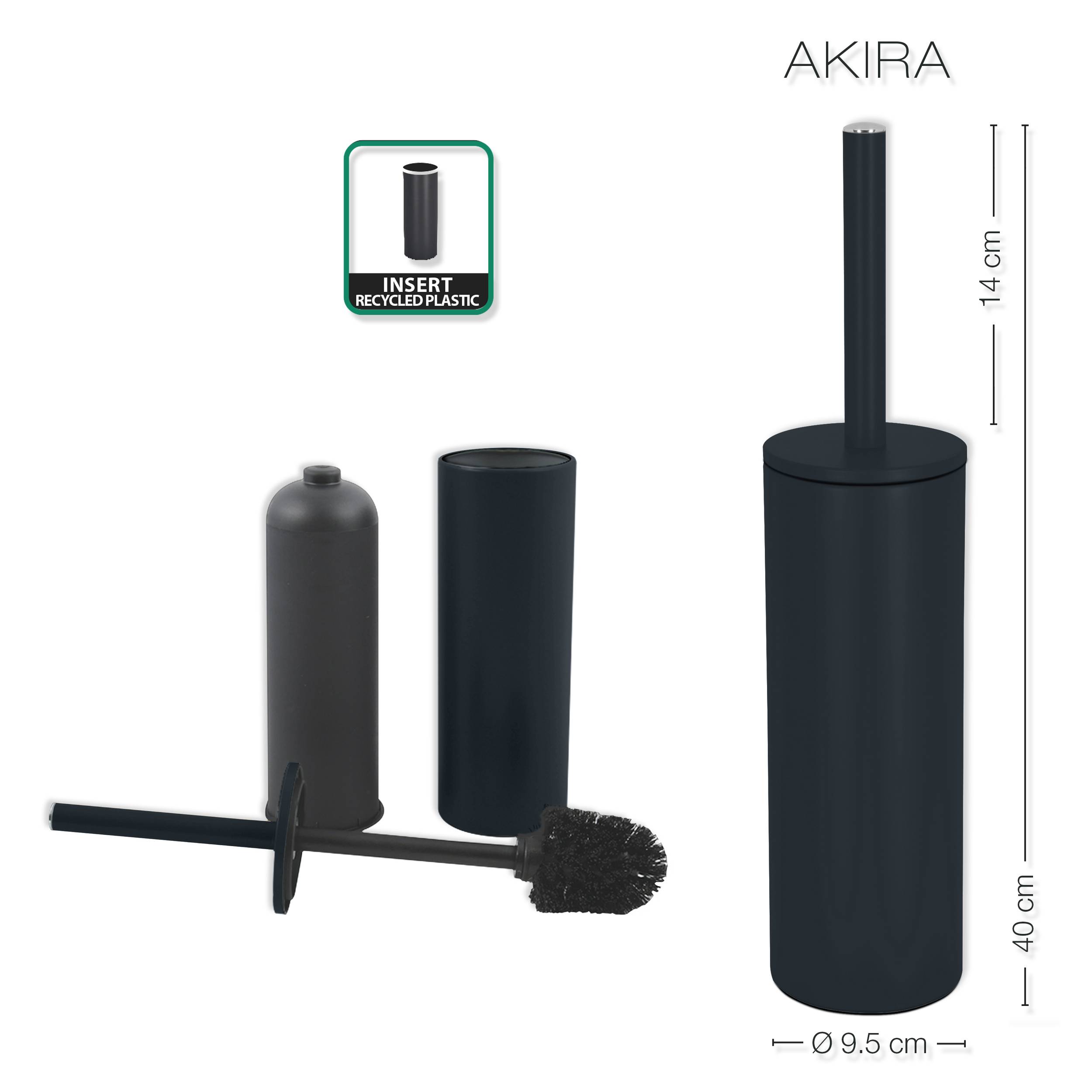 Schwarzes Toilettenbürstenset mit der Bezeichnung "AKIRA"" mit Halter, langem Stiel und Einsatz aus recyceltem Kunststoff; Abmessungen: 40 cm Höhe und 9,5 cm Durchmesser.