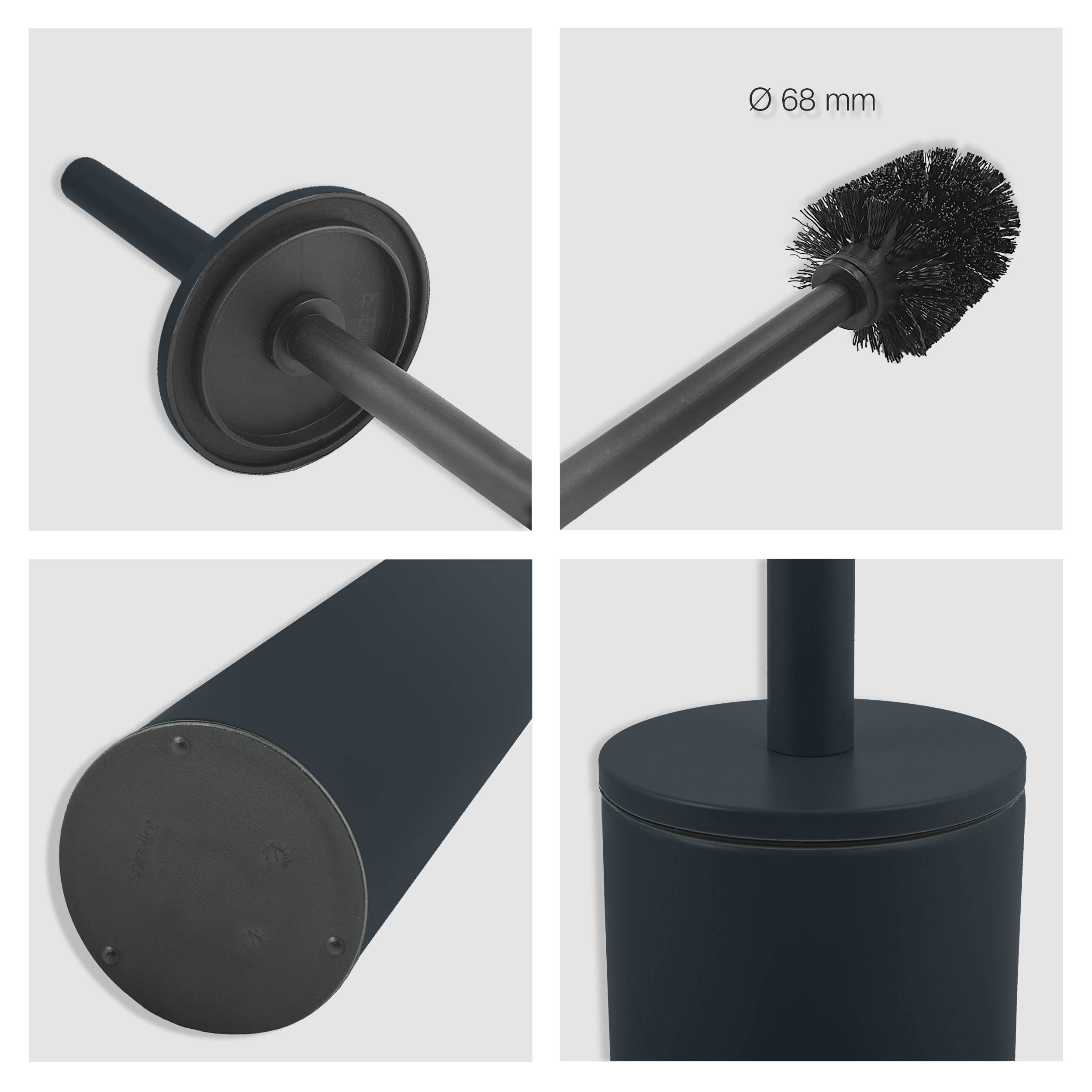 Vier Ansichten eines schwarzen Toilettenbürsten- und Haltersatzes, die den Bürstenkopf, den Griff, die Basis und den zylindrischen Halter mit der Maßangabe "Ø 68 mm"" zeigen.