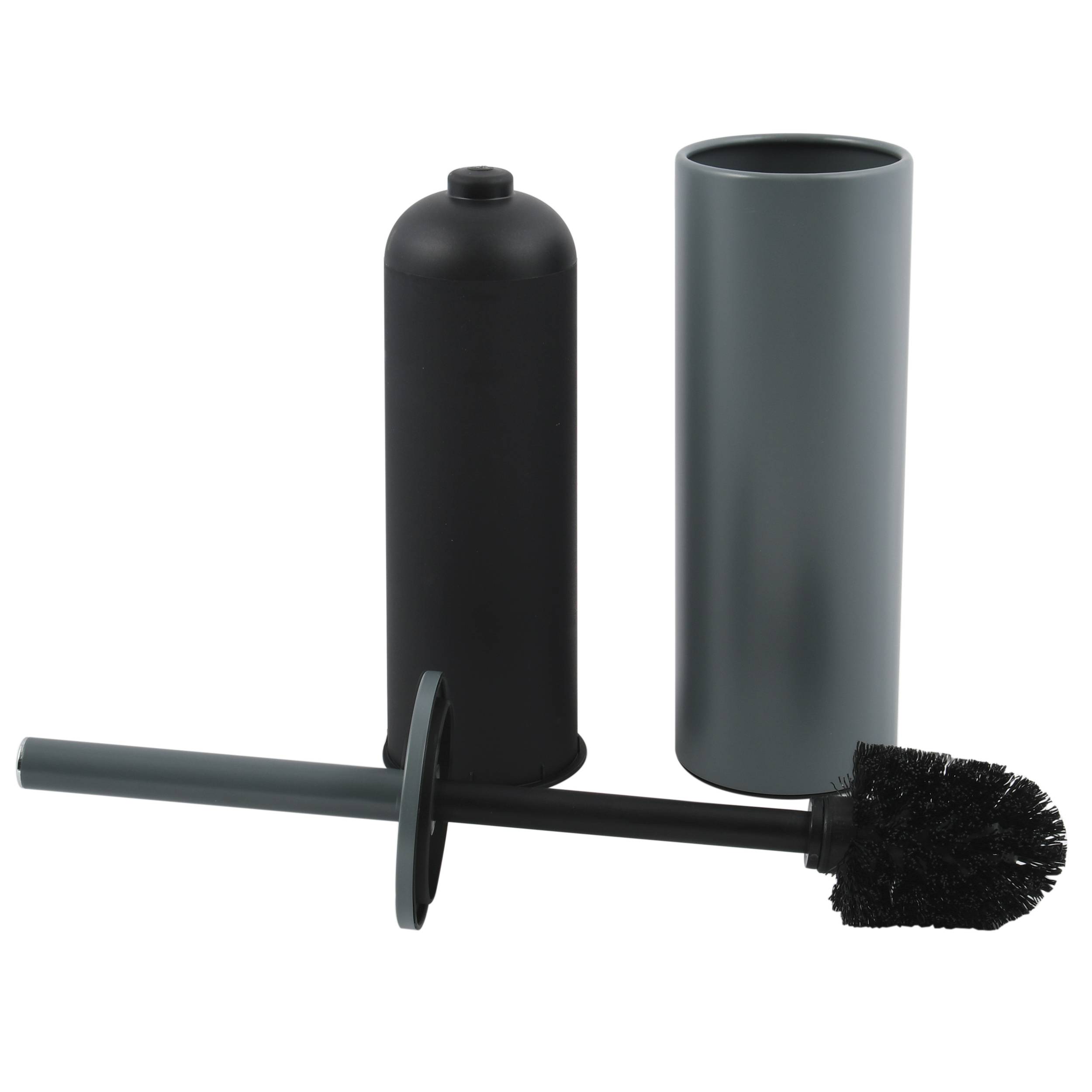 Toilettenbürsten-Set mit schwarzem Griff und Borsten, plus einer schwarzen Flasche und einem grauen zylindrischen Behälter auf weißem Hintergrund.