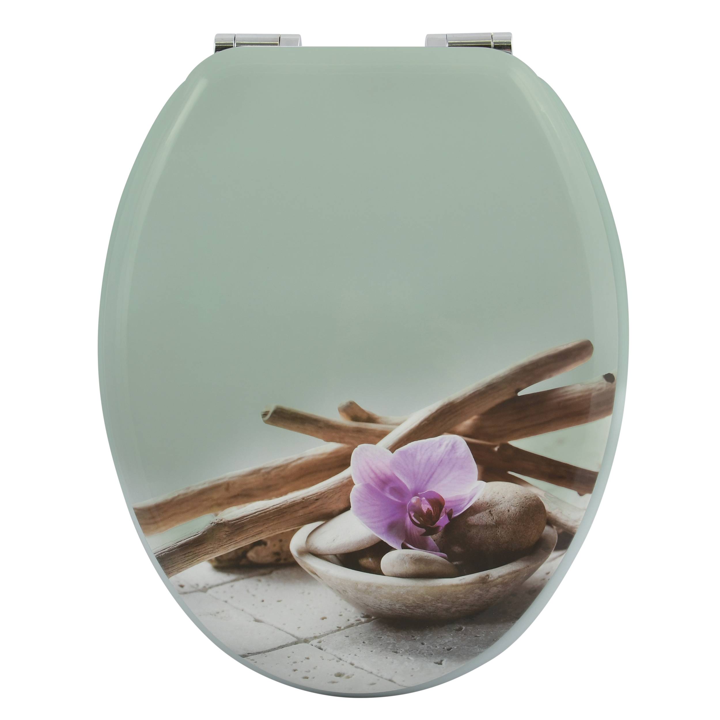 Runder Toilettensitz mit Spa-Design: Steine, Holzstöcke und eine violette Orchidee auf sanft grünem Hintergrund.