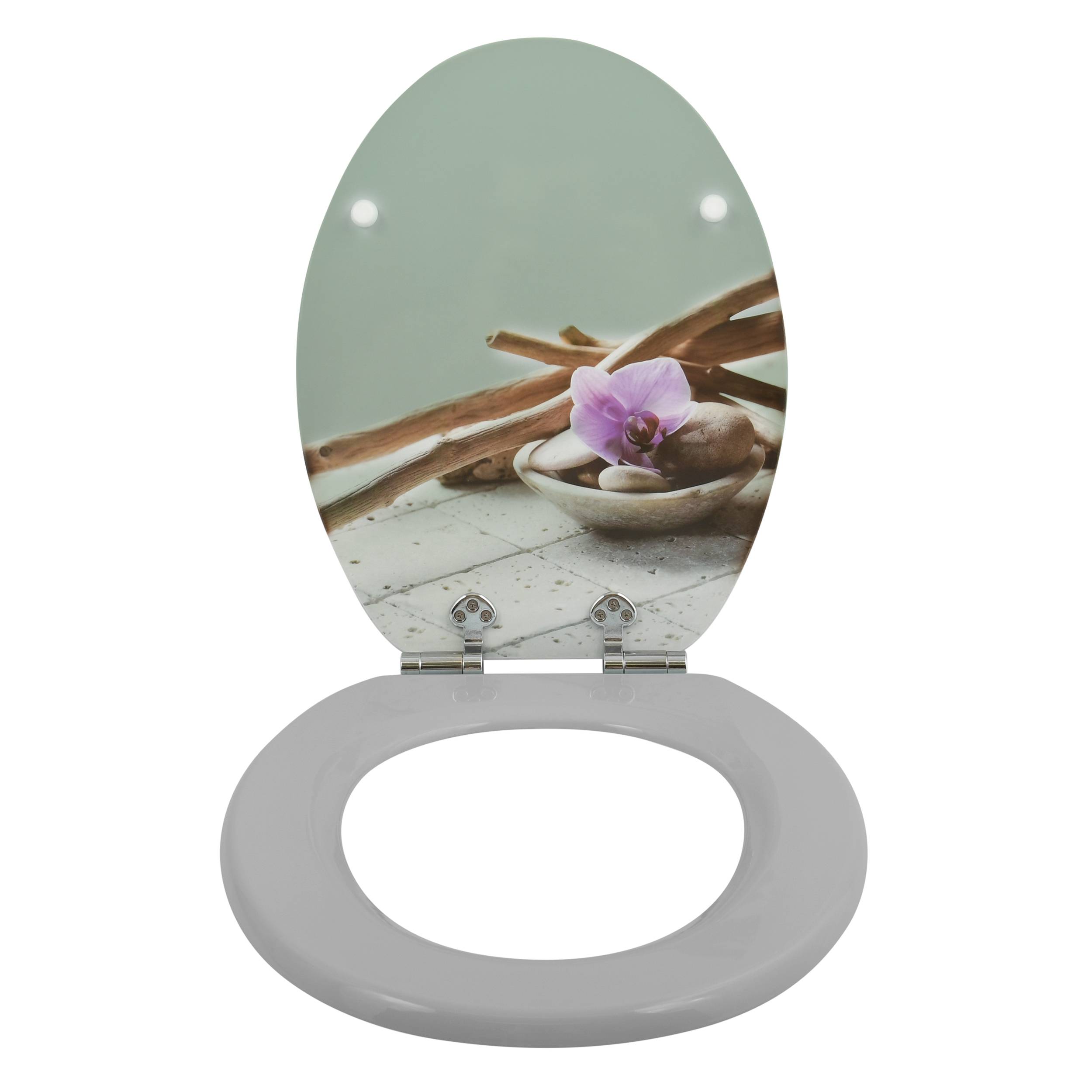 Toilettensitz mit einem ovalen Deckel, bedruckt mit einem Spa-Style-Bild einer Blume und Holzstöcken.