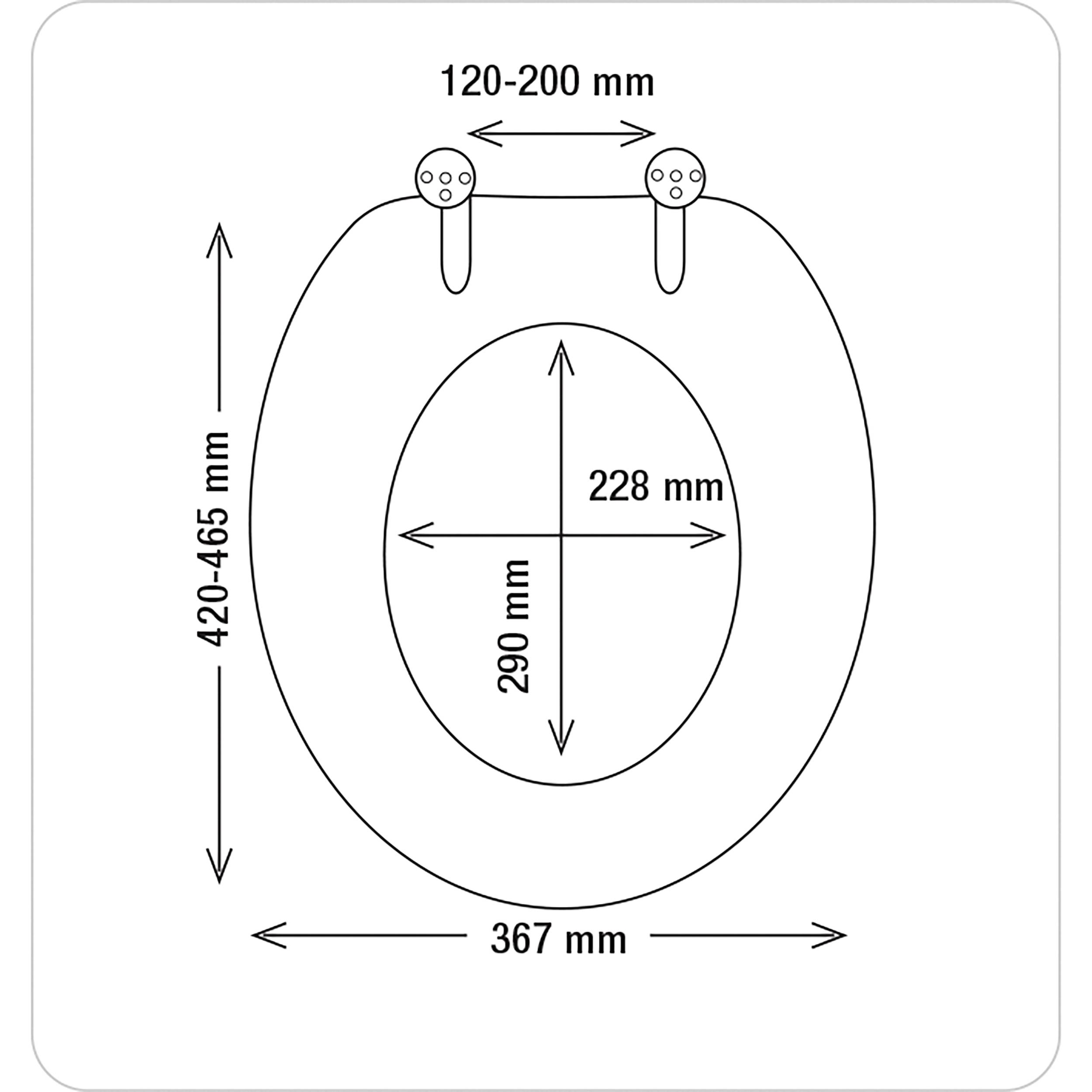 Diagramm einer Toilettensitzfläche mit Befestigungslöchern, das folgende Abmessungen zeigt: 120-200 mm Lochabstand, 420-465 mm Gesamtlänge, 367 mm Breite und 228 mm × 290 mm innere Öffnung.