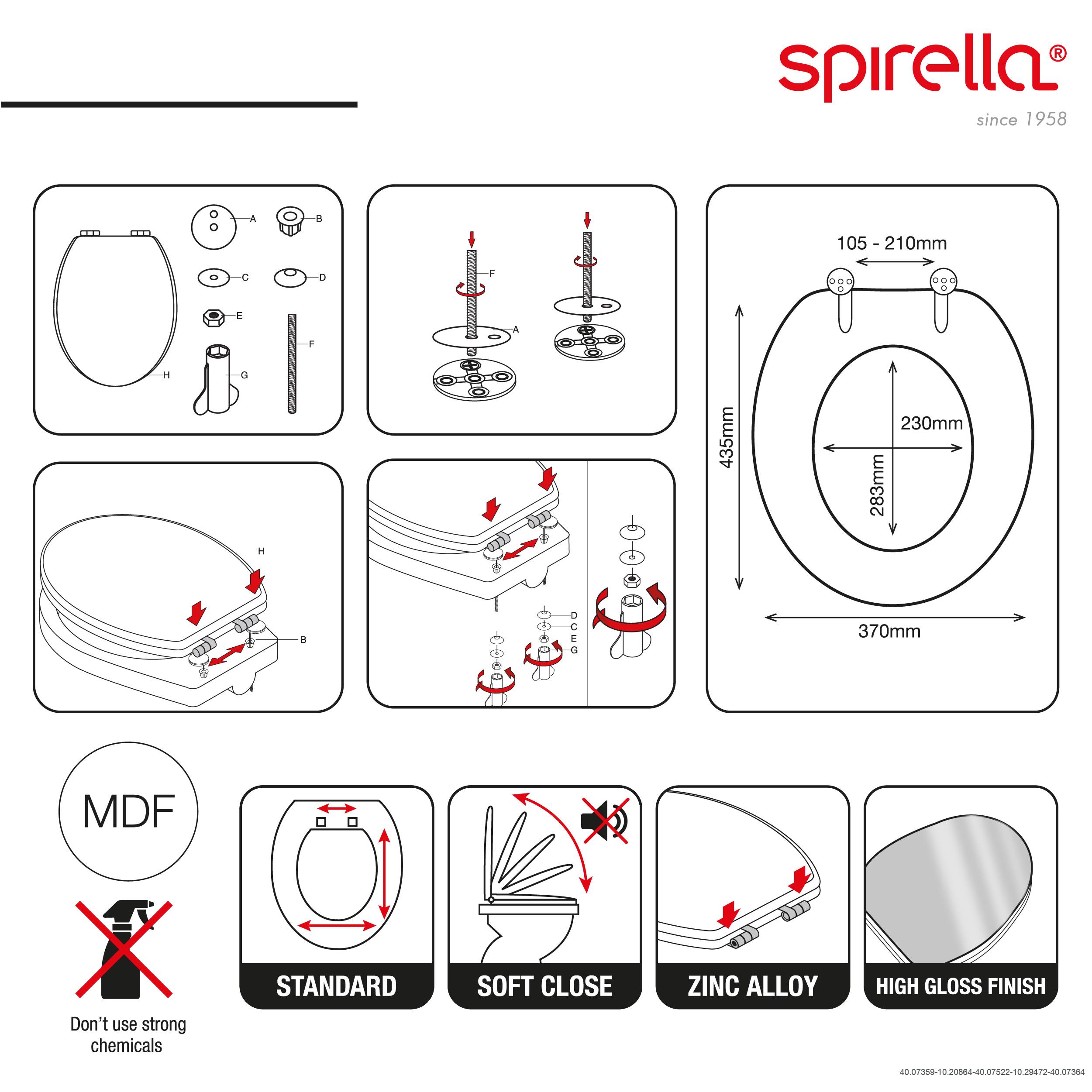 Spirella Toilettensitz-Installationsdiagramm mit Teilen, Scharniermontagge, Abmessungen und Funktionen: MDF, Standard, Soft-Close, Zinklegierung, Hochglanzfinish und keine starken Chemikalien.