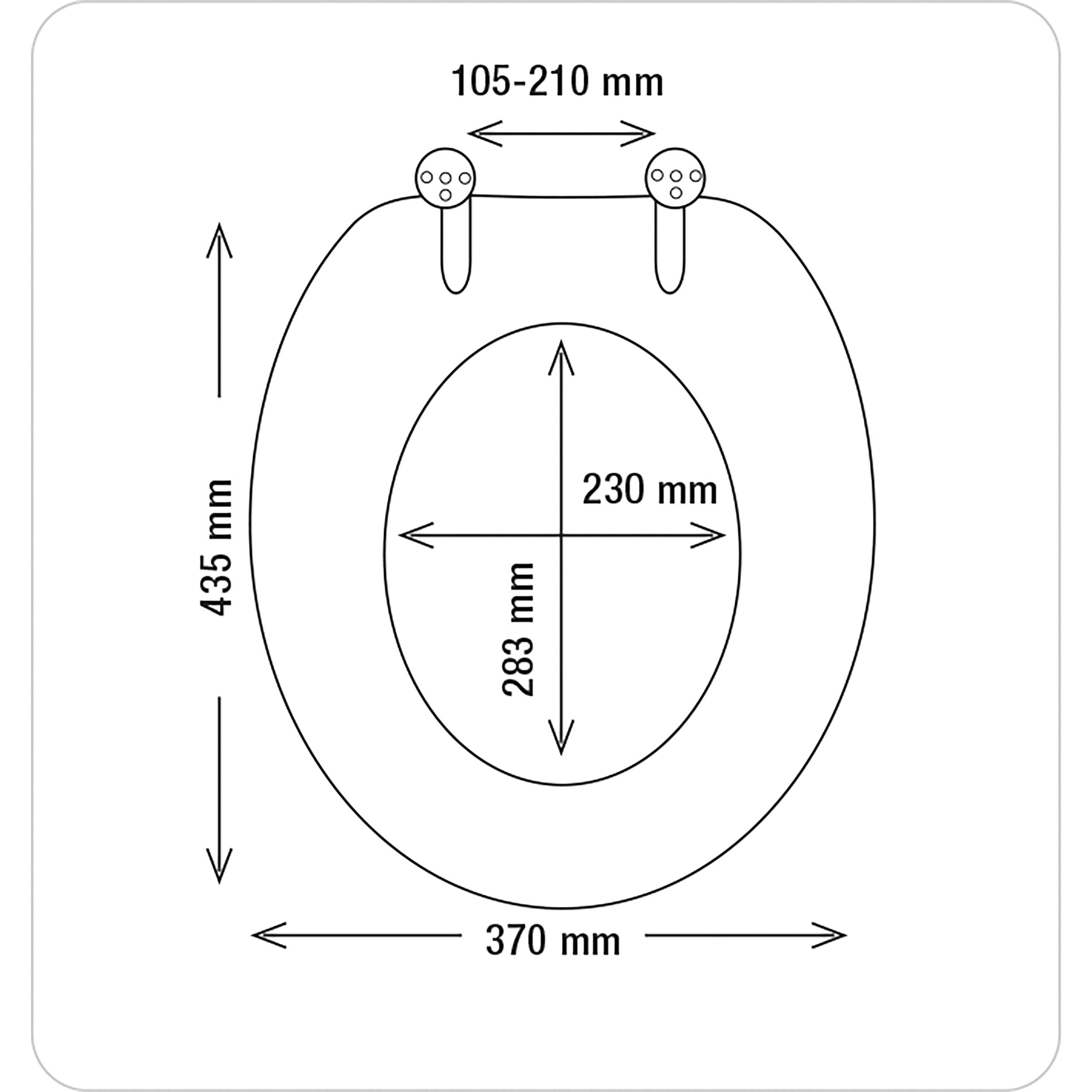 Toilettensitz-Abmessungsdiagramm mit 435 mm Länge, 370 mm Breite, 230 mm innere Öffnungsbreite, 283 mm innere Öffnungslänge und 105–210 mm Scharnierabstand.