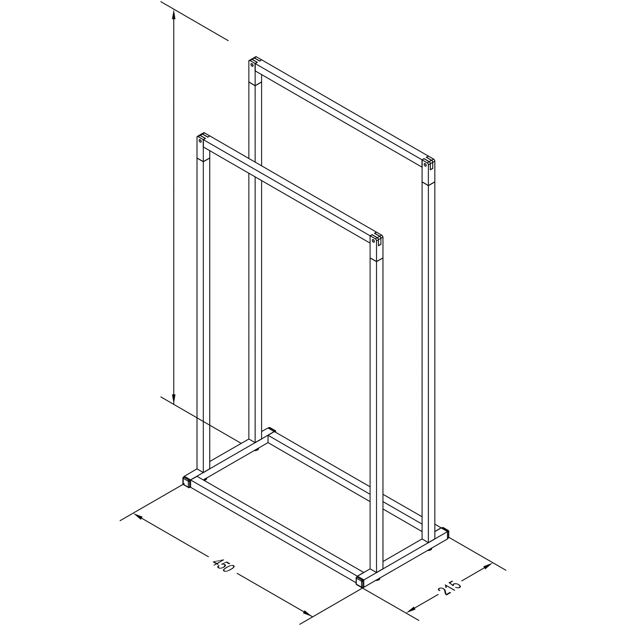 Isometrische technische Zeichnung eines Metallrahmenständers oder Regals, das die Abmessungen 450 mm Breite und 215 mm Tiefe zeigt, mit zwei vertikalen rechteckigen Aufrechten.