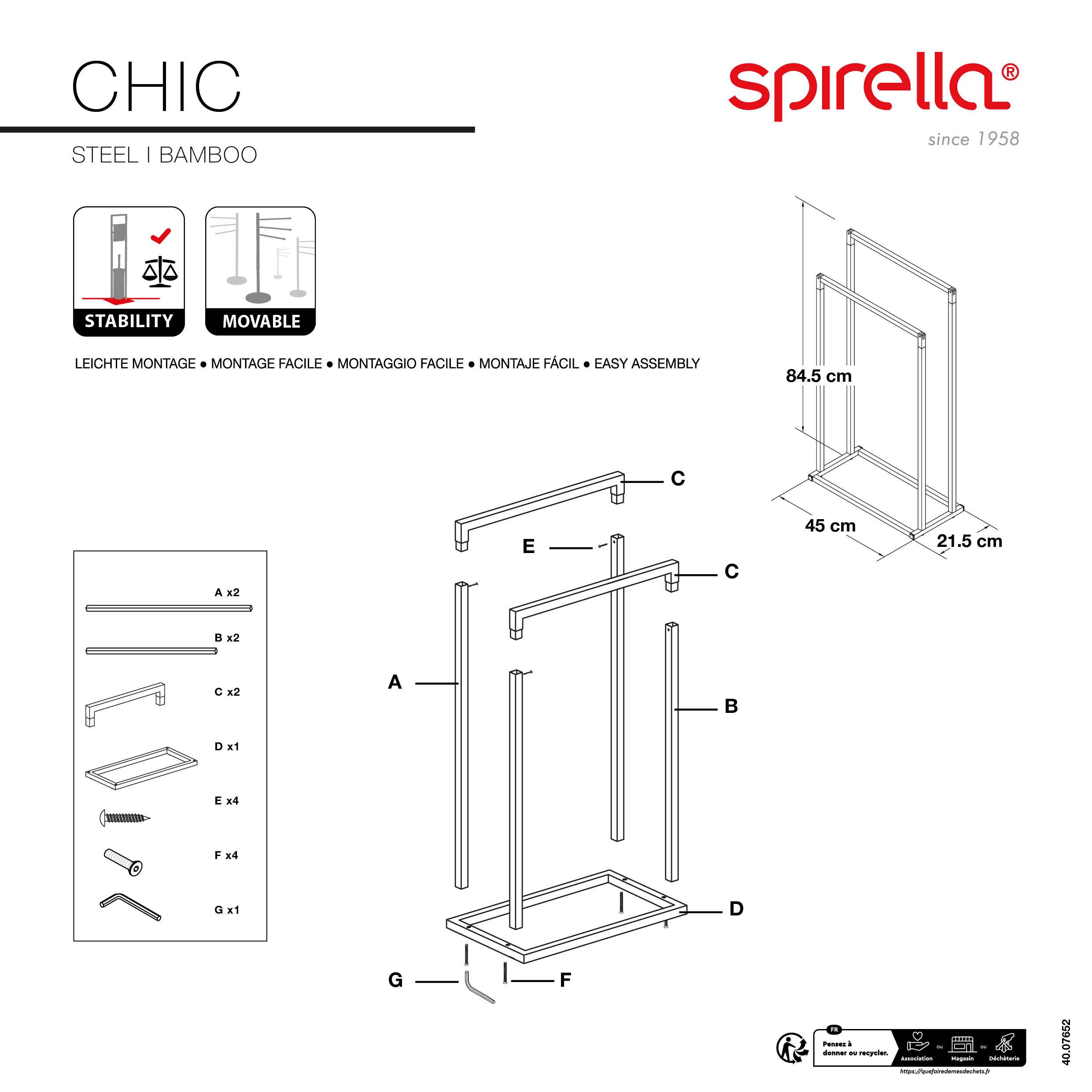 Spirella Handtuchständer Handtuchhalter Chic (LxBxH): ca. 21,5 x 45 x 84,5 cm aus verchromten Metall in Edelstahl Optik mit 2 Handtuchstangen in