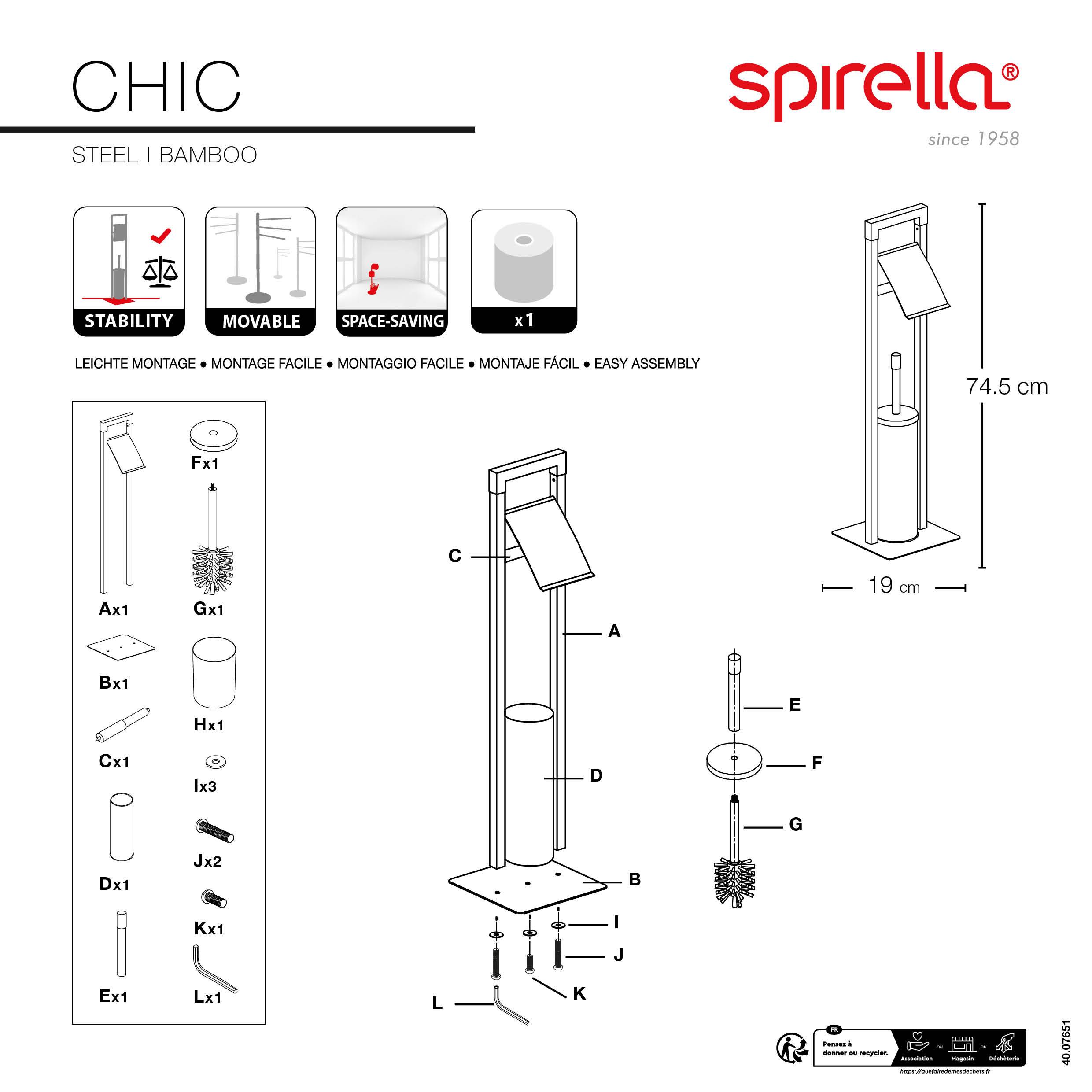 Instruktionsproduktdiagramm für eine Spirella 'CHIC' Stahlrohr- und Bambustoilettenbürsten-halterung, das Montageteile, Stabilitäts-/bewegliche/platzspare Funktionen und Abmessungen von 74,5 cm Höhe mal 19 cm Breite zeigt.