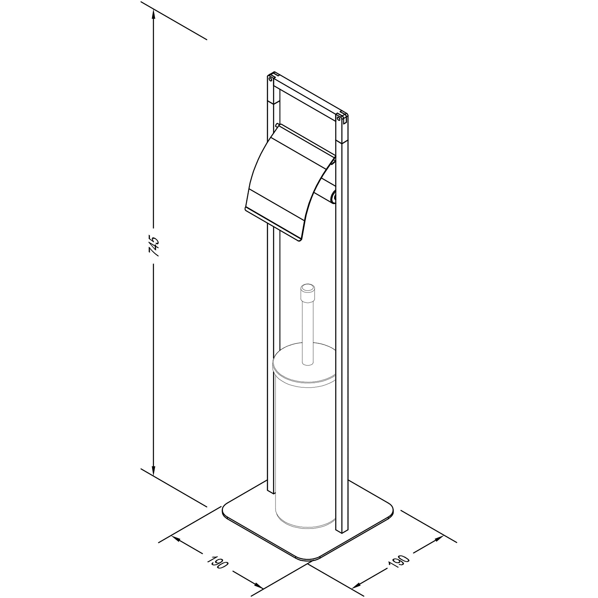 Maßstabgerechte technische Zeichnung eines Toilettenpapierhalterständers mit Regal, mit einer Gesamthöhe von 745 mm und einer Grundfläche von 190 x 190 mm.