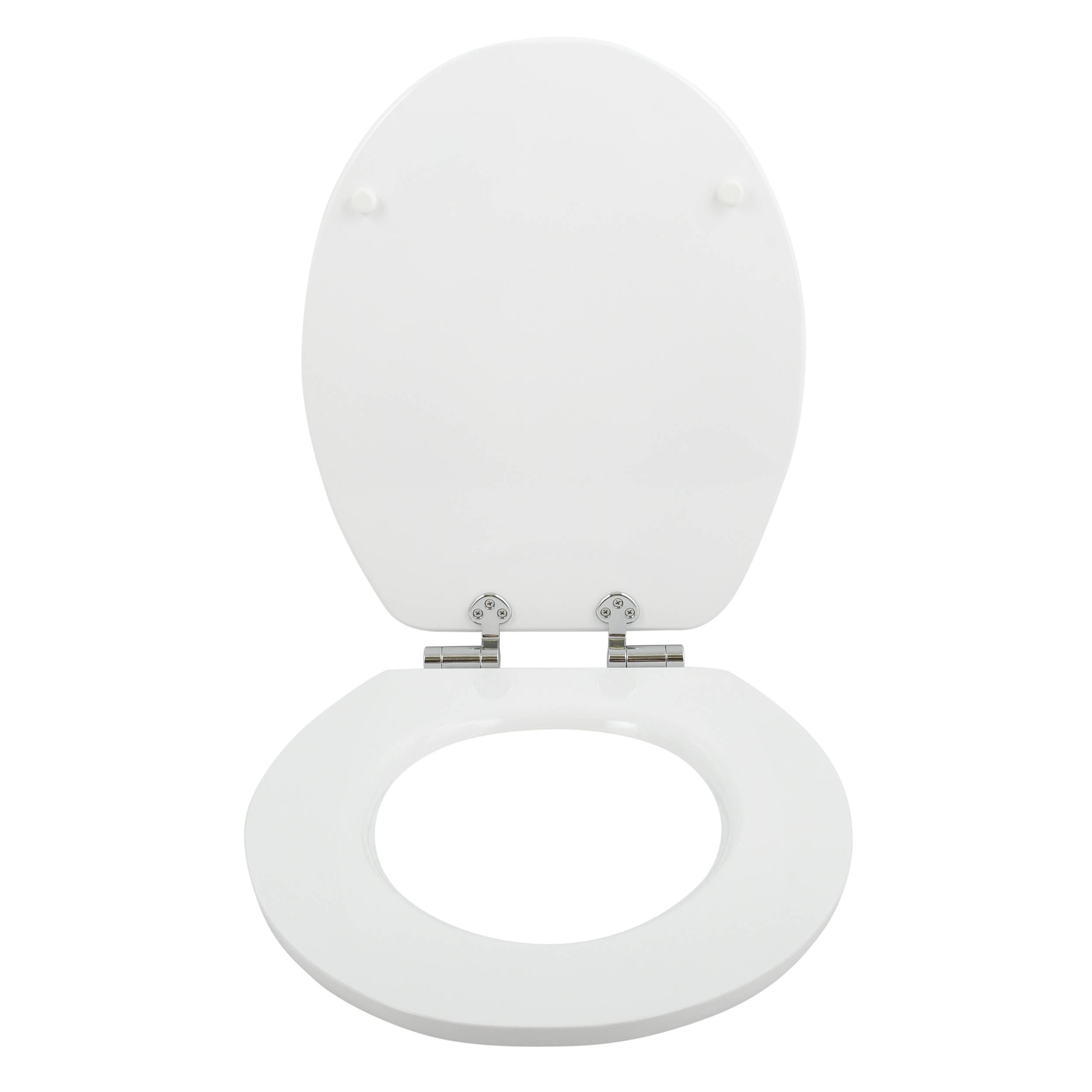 Weiße Toilettensitzgarnitur mit geöffnetem Deckel, von oben auf einem einfachen Hintergrund betrachtet.