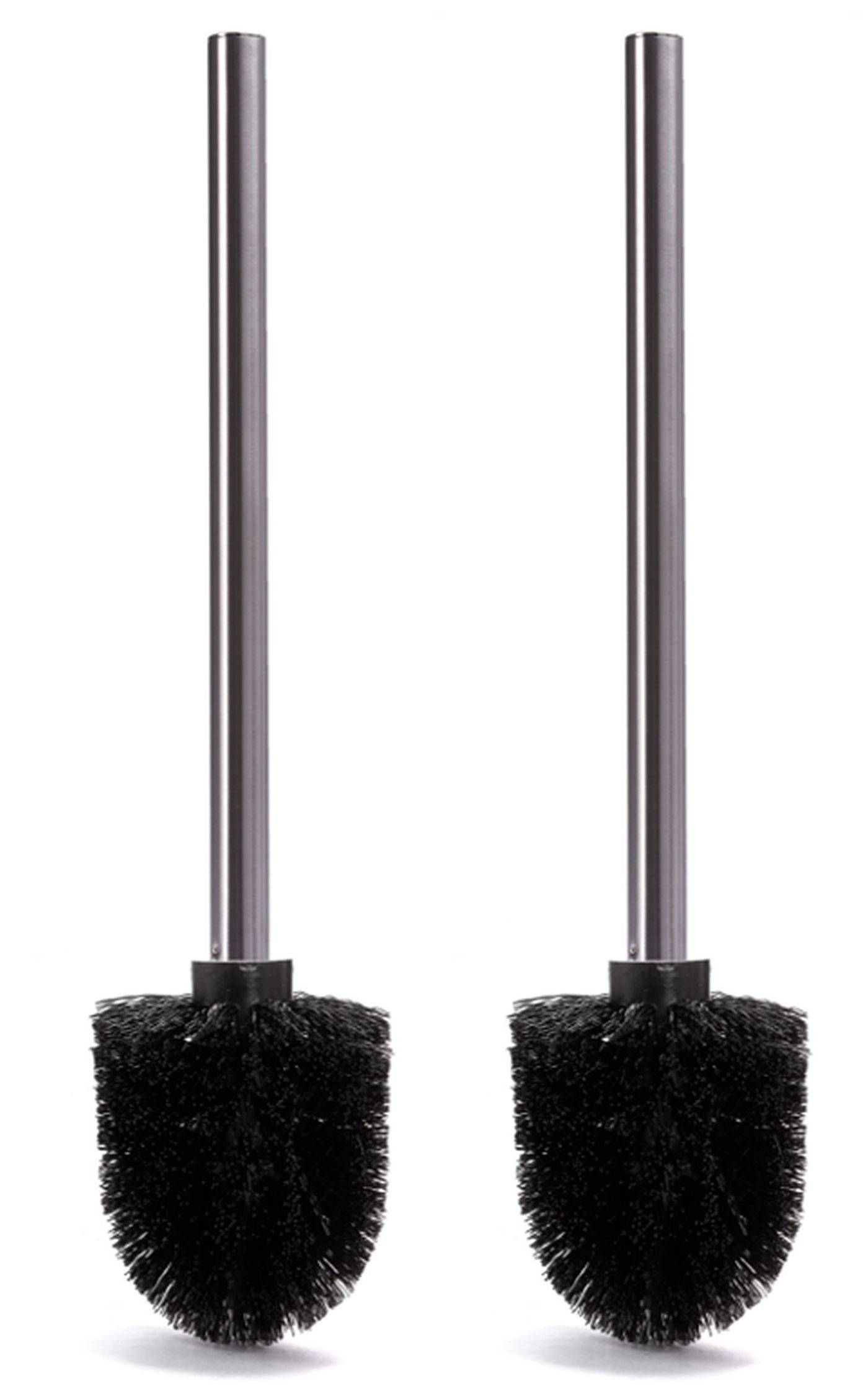 Zwei schwarze Toilettenbürsten mit langen silbernen Stielen, die aufrecht auf weißem Hintergrund stehen.