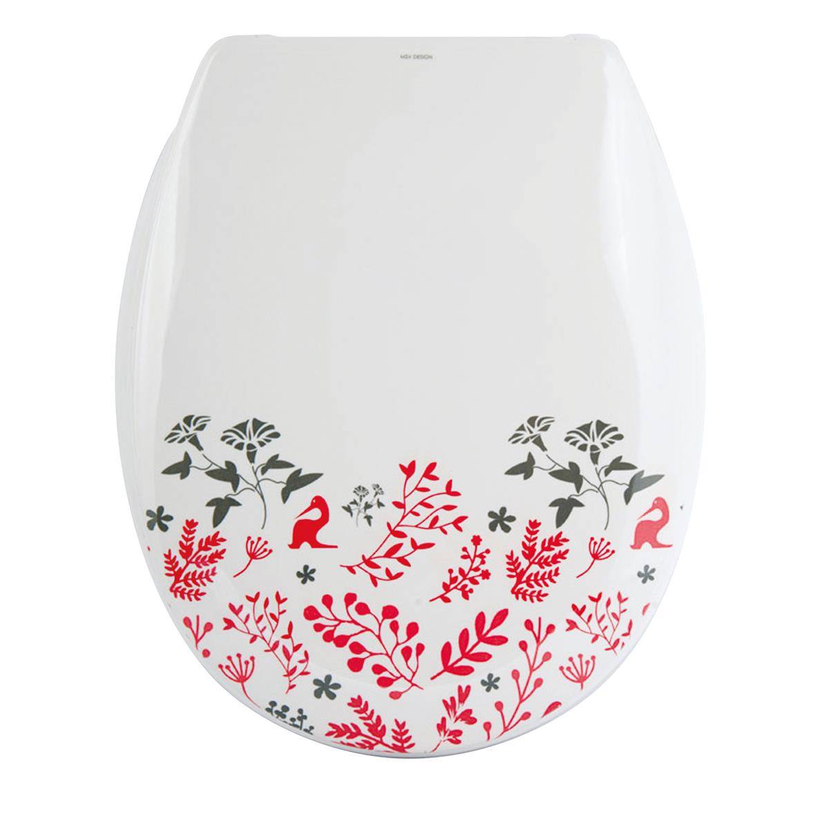 Weiße Toilettensitzabdeckung mit roten und grauen Blumen- und Vogelmotiven entlang der unteren Kante verziert.