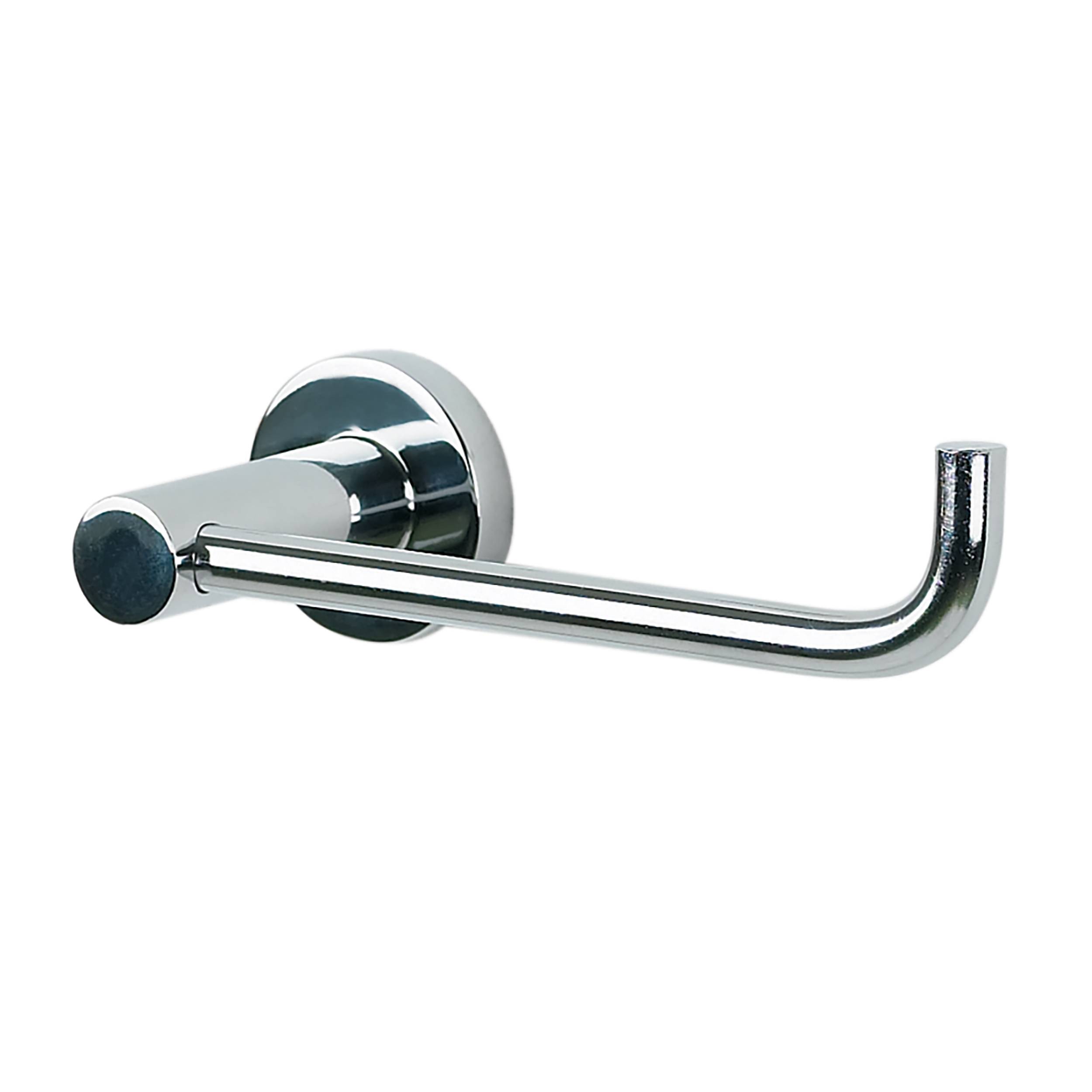 Wandmontierter Toilettenpapierhalter aus Chrom mit L-förmigem Arm auf einer runden Montageplatte, freigestellt auf weißem Hintergrund.