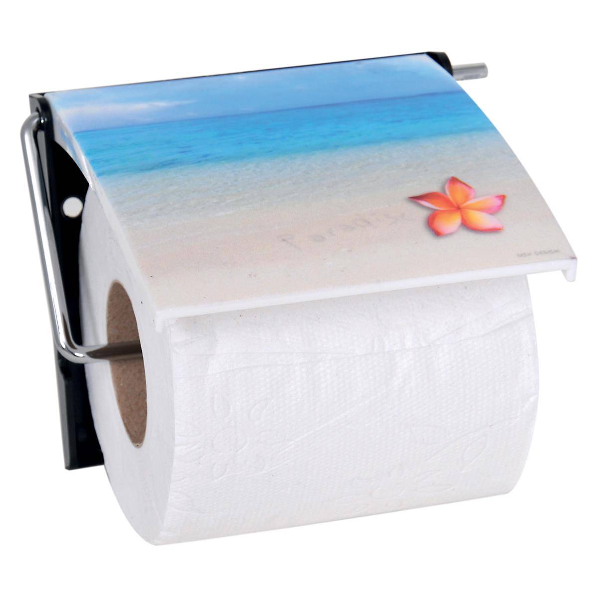 Wandmontierter Toilettenpapierhalter mit einer Rolle und strandthematischem Bezug mit Ozeanwasser und einer Blume