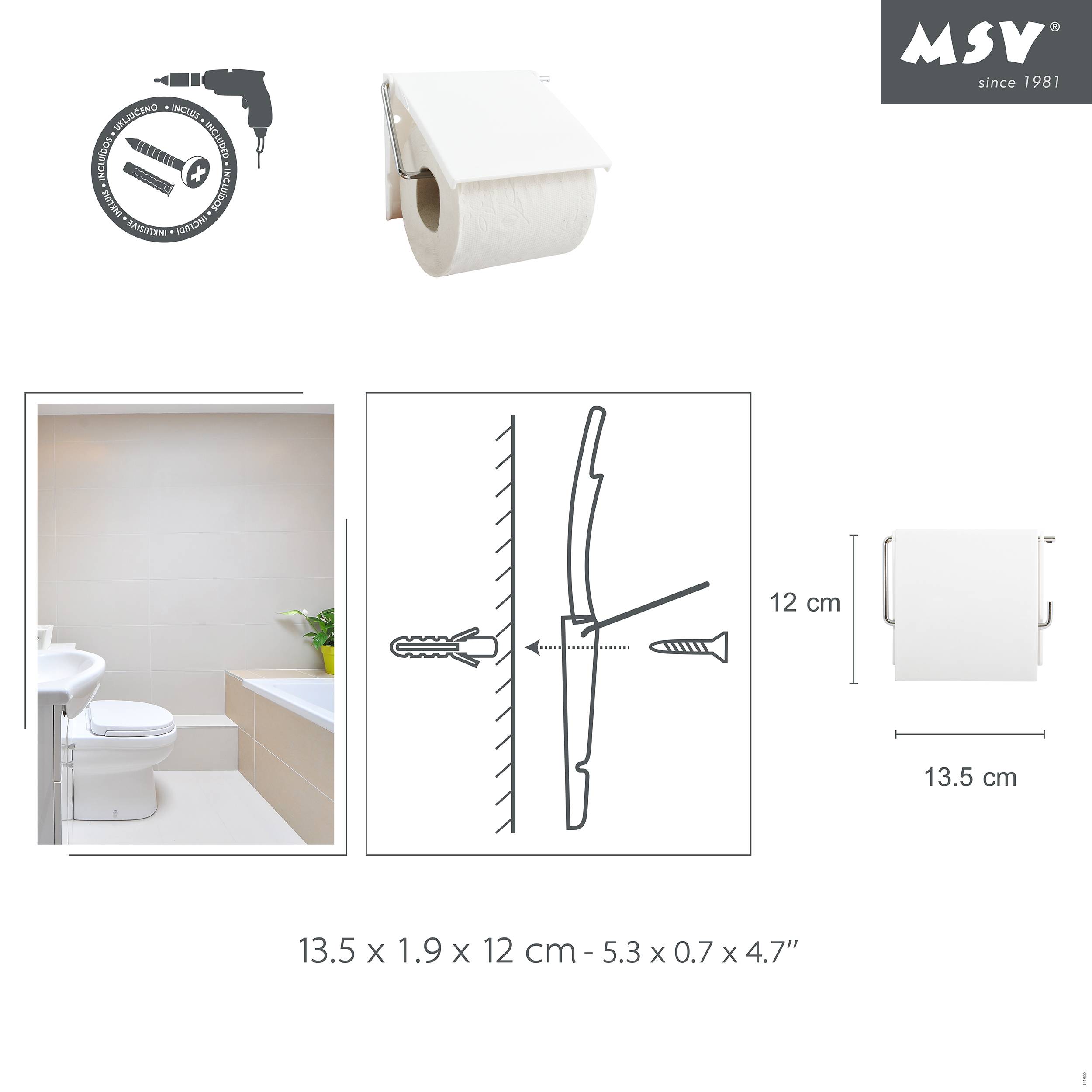 Wandmontierter Toilettenpapierhalter mit Rolle und Installationsdiagramm; Größe angegeben als 13,5 x 1,9 x 12 cm, geeignet für die Badezimmernutzung.