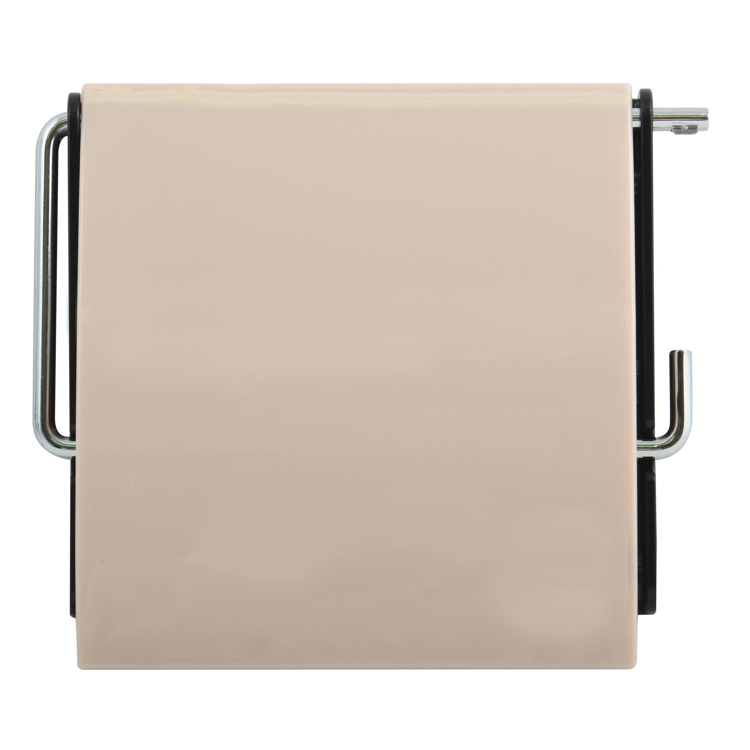 Beige quadratische Wandschalter oder Abdeckplatte mit Chromgriffen an den Seiten und einem kleinen Metallhebel auf der rechten Seite, dargestellt auf weißem Hintergrund.
