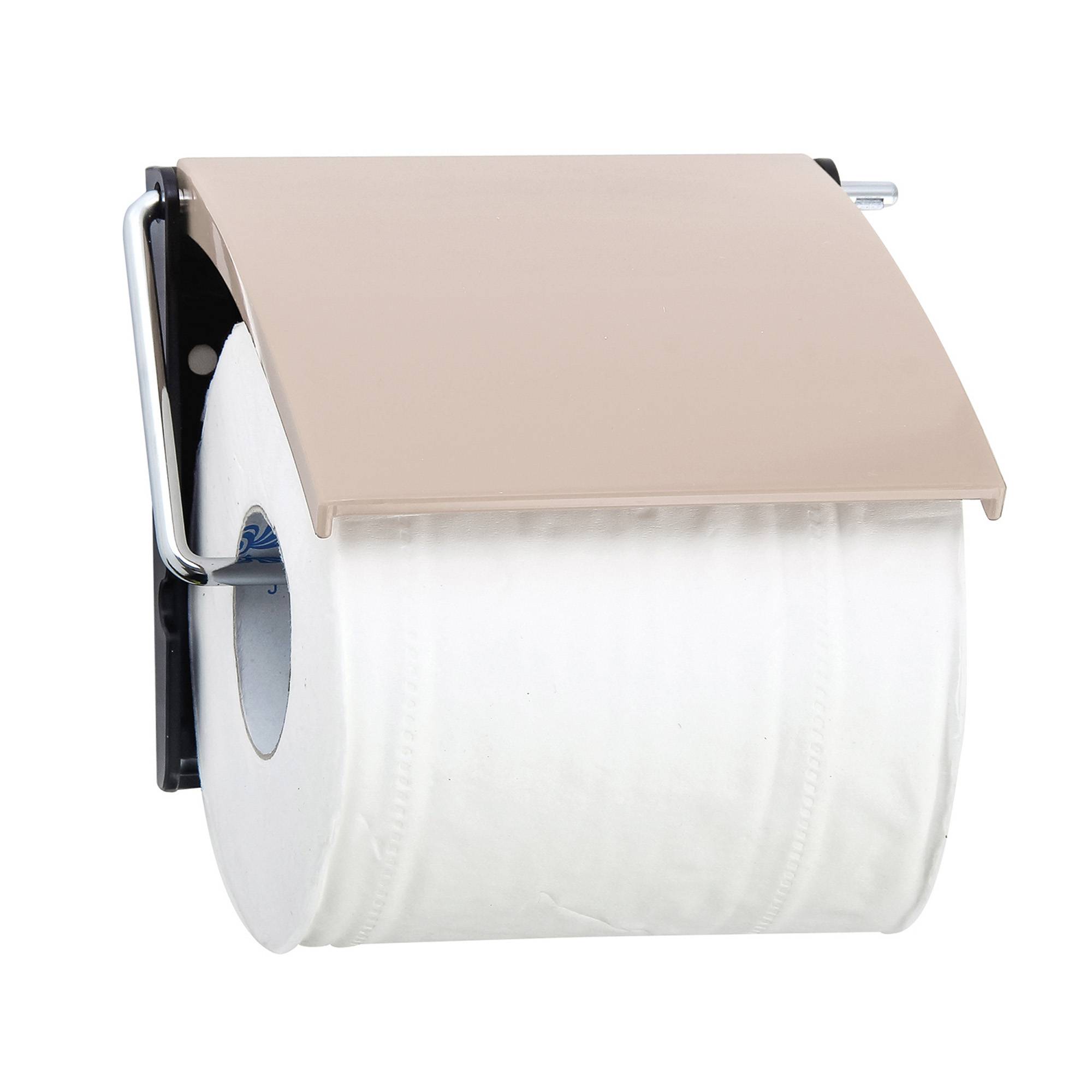 Wandmontierter Toilettenpapierhalter mit einer Rolle, die teilweise von einem beigen Schutzdeckel bedeckt ist