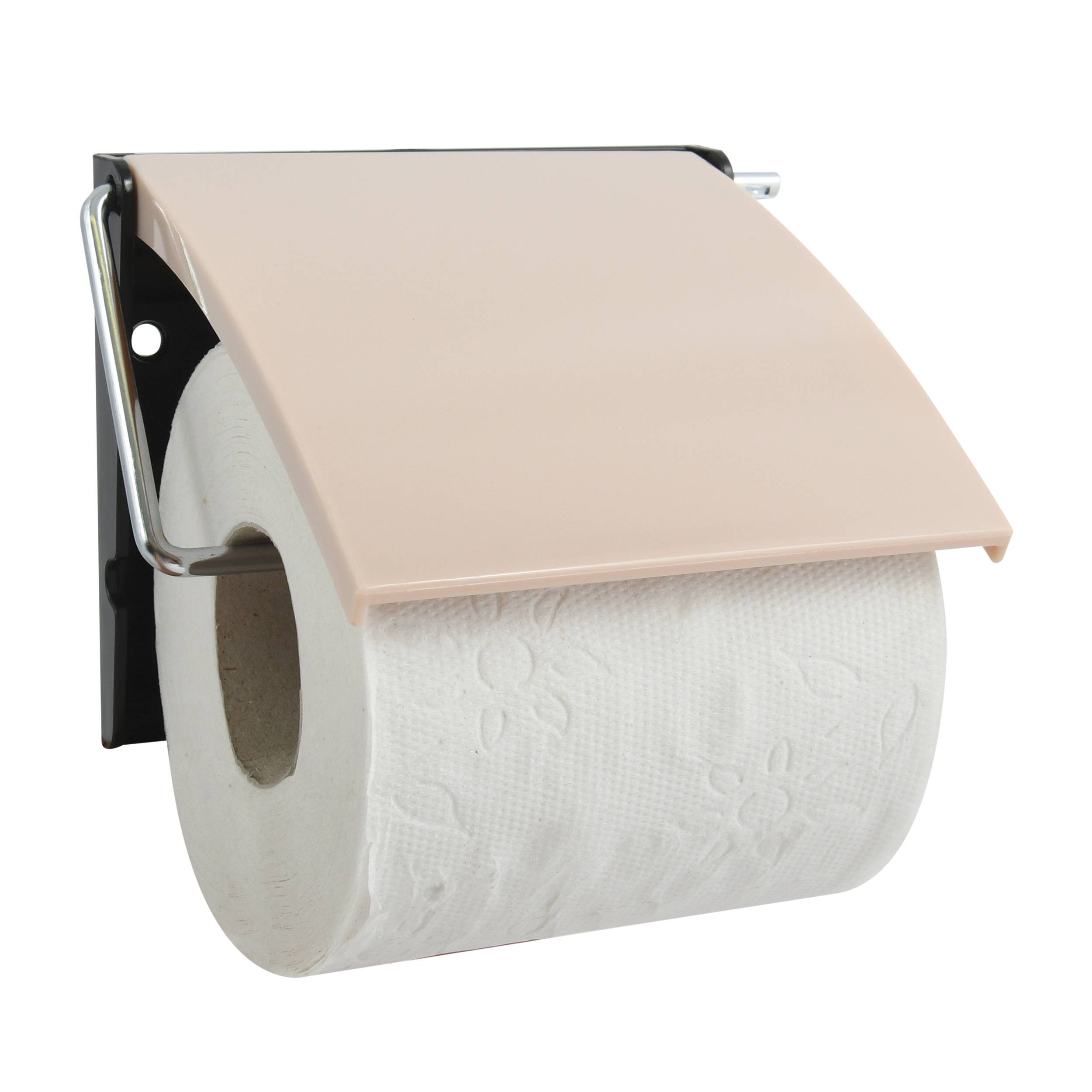 Wandmontierte Toilettenpapierhalter mit einer Rolle und beigem Deckel auf weißem Hintergrund.