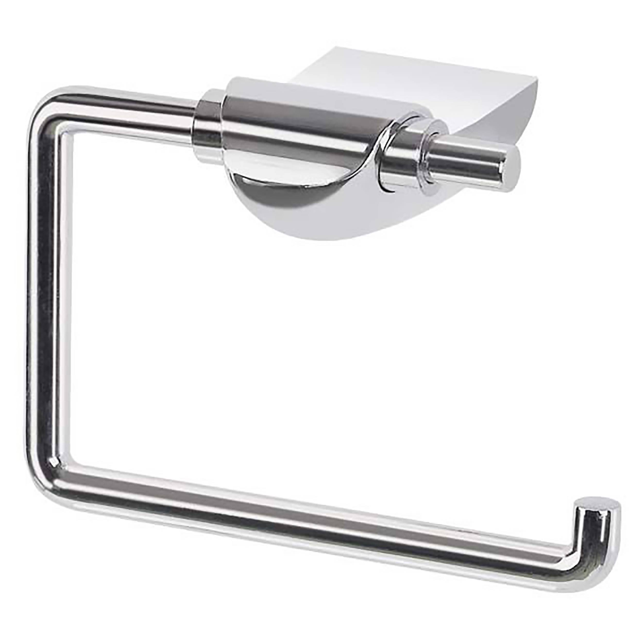 Toilettenpapierhalter aus Chrom zur Wandmontage mit offener Endarmatur und verdeckter Grundplatte auf weißem Hintergrund