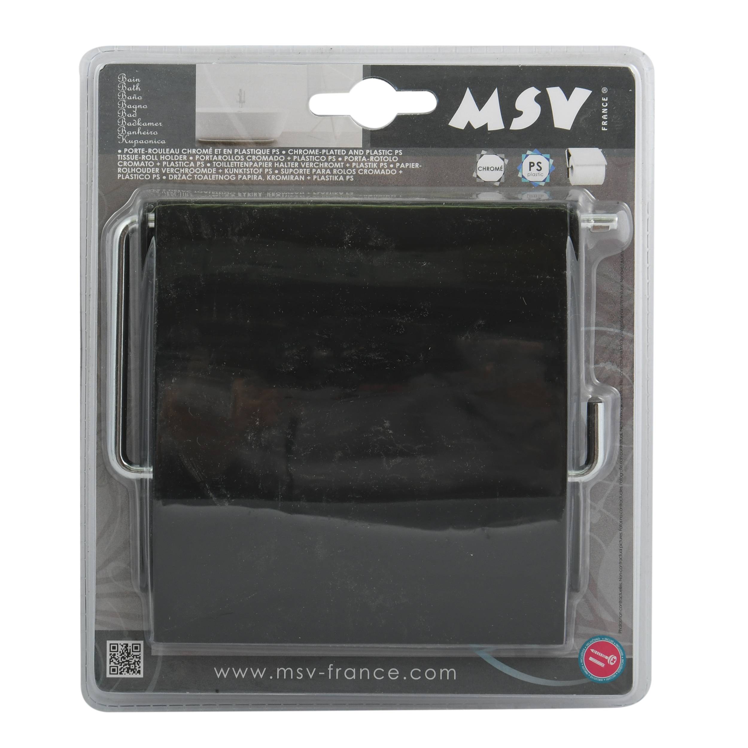 Ein verpacktes schwarzes rechteckiges MSV-Kunststofftablett oder Organizer in durchsichtiger Blisterverpackung mit Griffen, beschriftet mit „MSV" und „www.msv-france.com"".