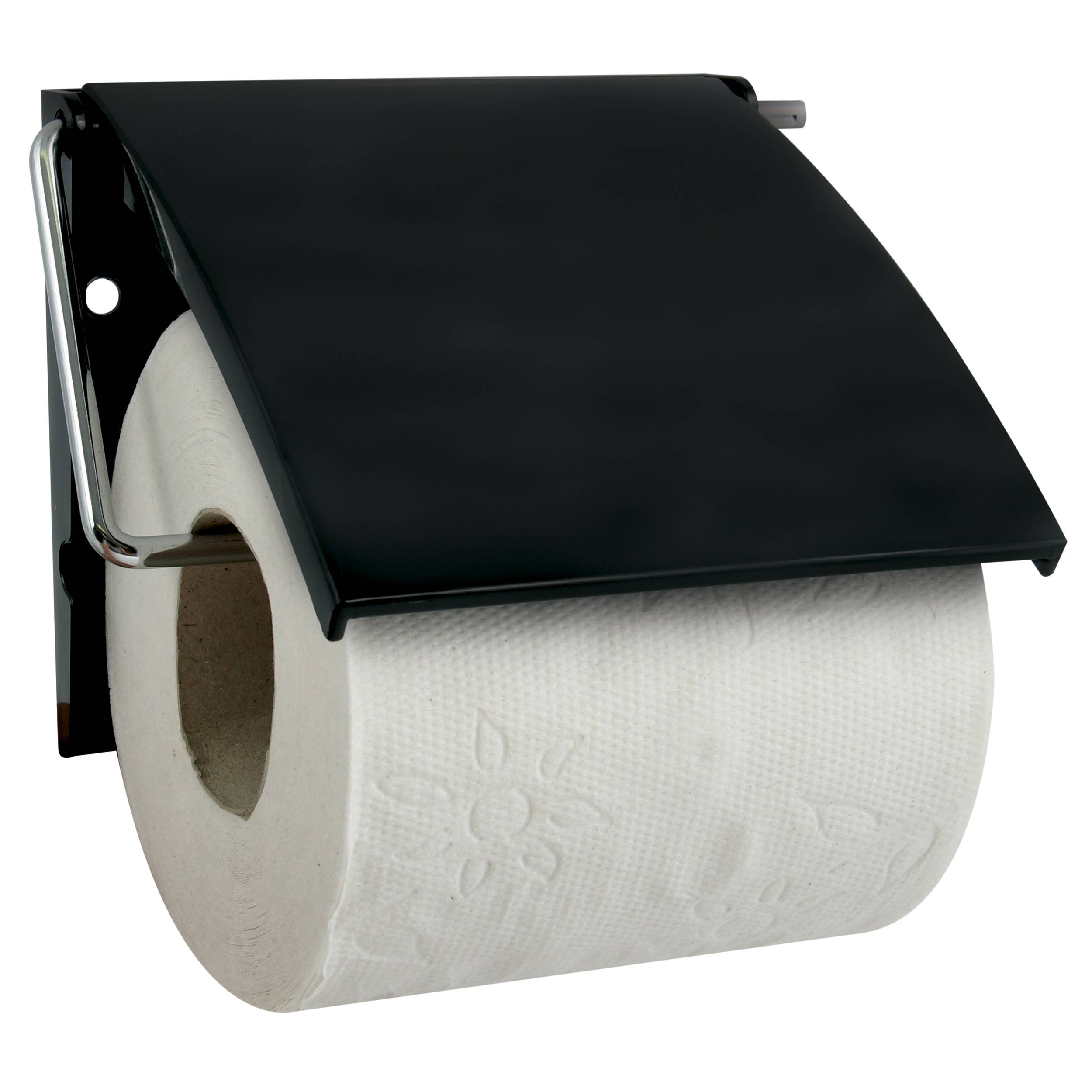 An der Wand befestigter Toilettenpapierhalter mit schwarzer Abdeckung, der eine Rolle weißes Toilettenpapier hält.