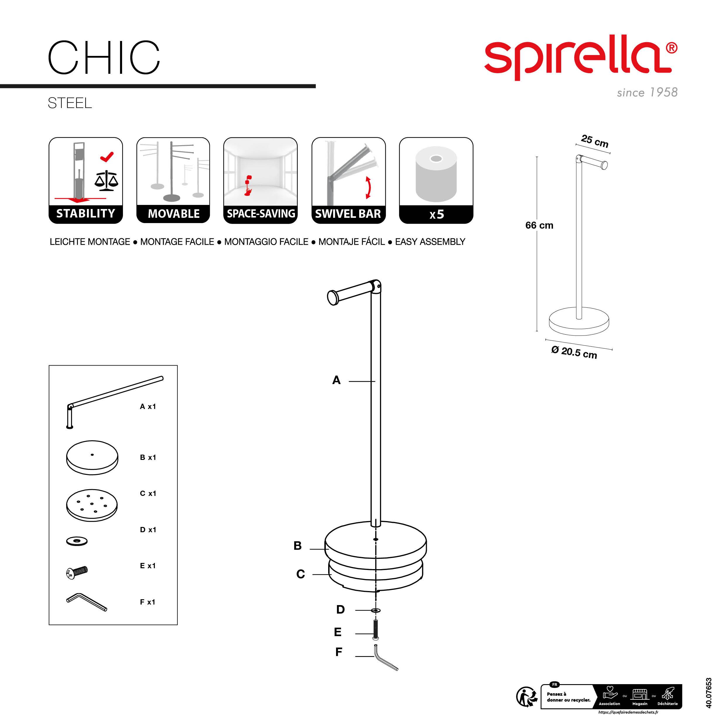 Spirella CHIC Stahltoilettenpapierhalter Diagramm mit Merkmalen, Abmessungen und Montageteilen mit Beschriftung A-F; Höhe 66 cm, Basisdurchmesser 20,5 cm, Arm 26 cm.
