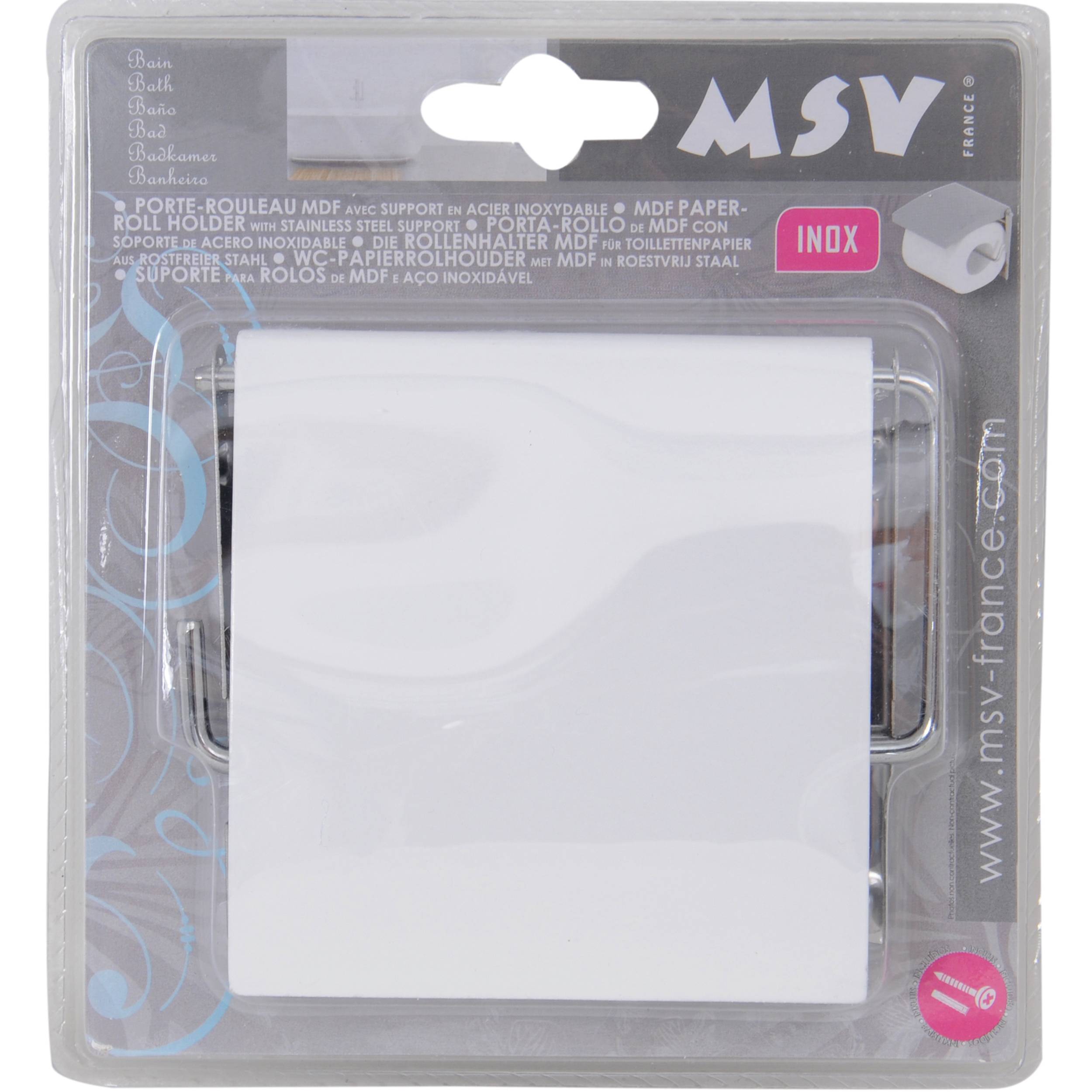 Verpackter MSV Edelstahl-Toilettenpapierhalter mit weißer Abdeckung, gezeigt in transparenter Einzelhandels-Blisterverpackung.