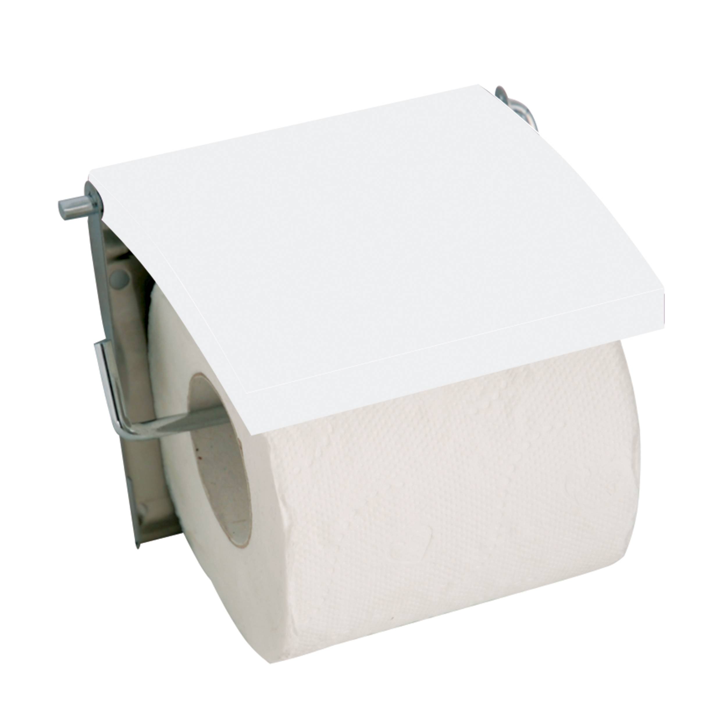 Wandmontierter Toilettenpapierhalter mit einer teilweise aufgebrauchten Rolle und einer weißen Abdeckung.