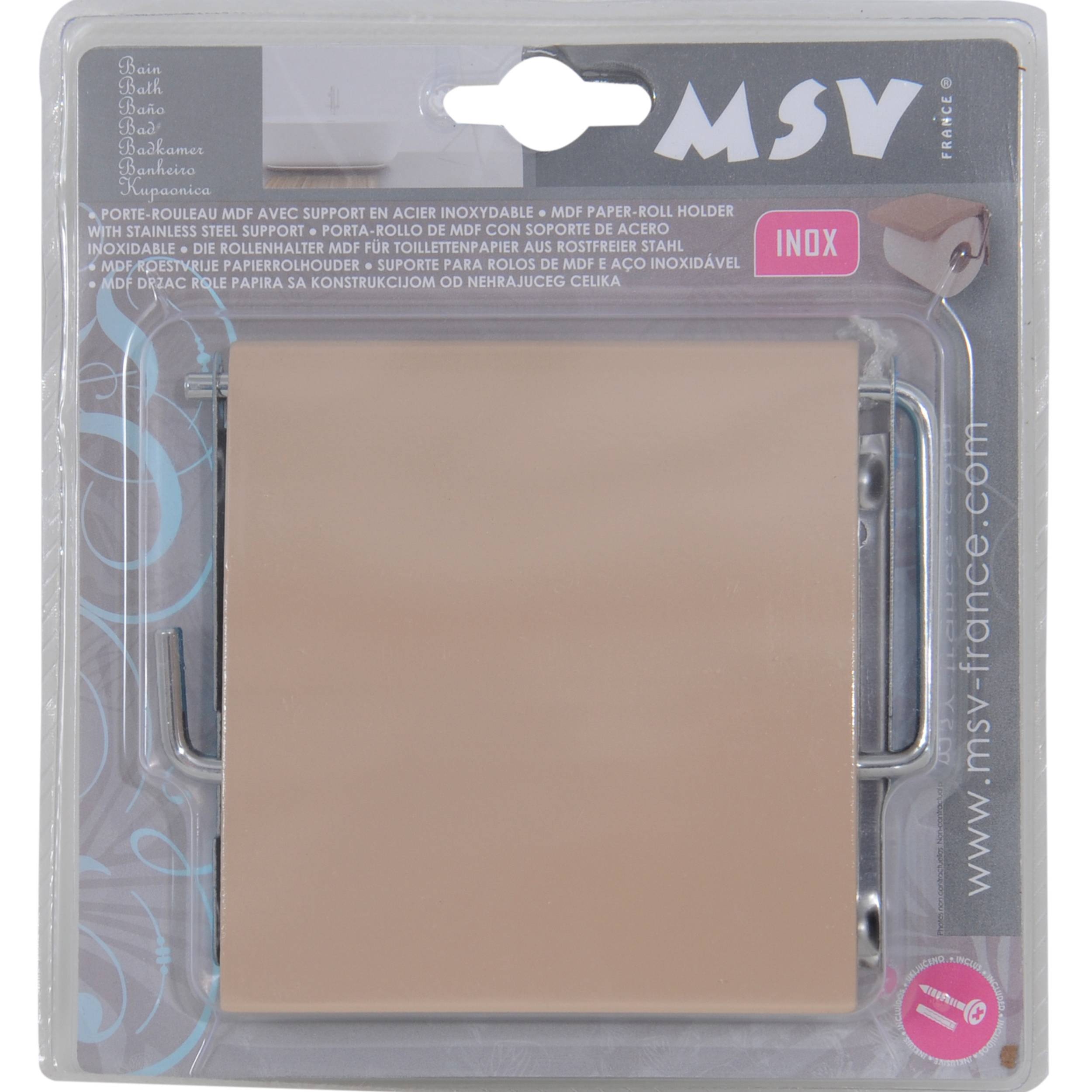 Beige rechteckige Wandplatte in MSV-Einzelhandelsverpackung, mit der Bezeichnung INOX, mit Metallhalterung und Aufhängeausschnitt.