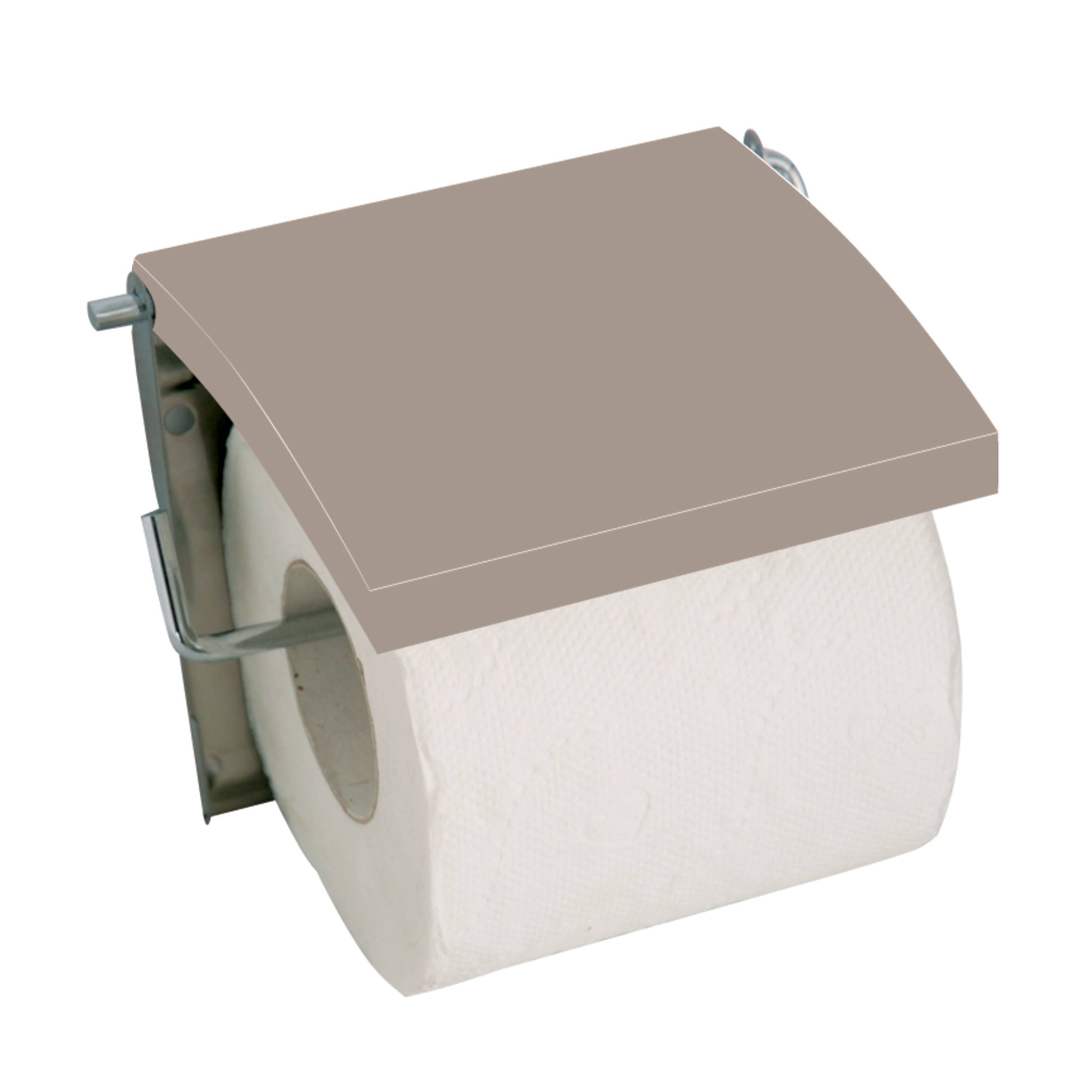 Wandmontierter Toilettenpapierhalter mit einer Rolle und klappbarem Deckel.