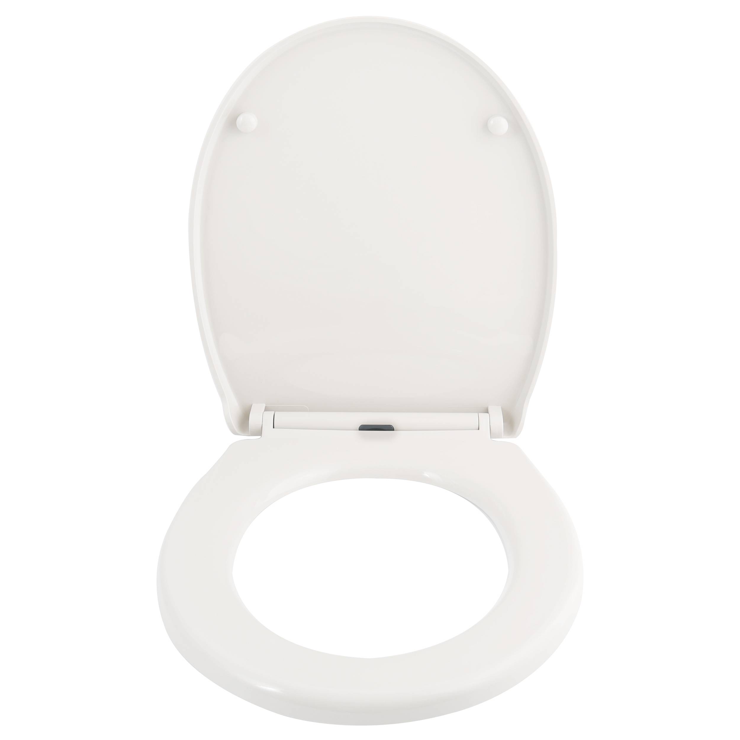 Weiße Toilettensitz und Deckel von oben betrachtet, geschlossener Deckel aufrecht und ovaler Sitz offen, auf einem einfachen Hintergrund.