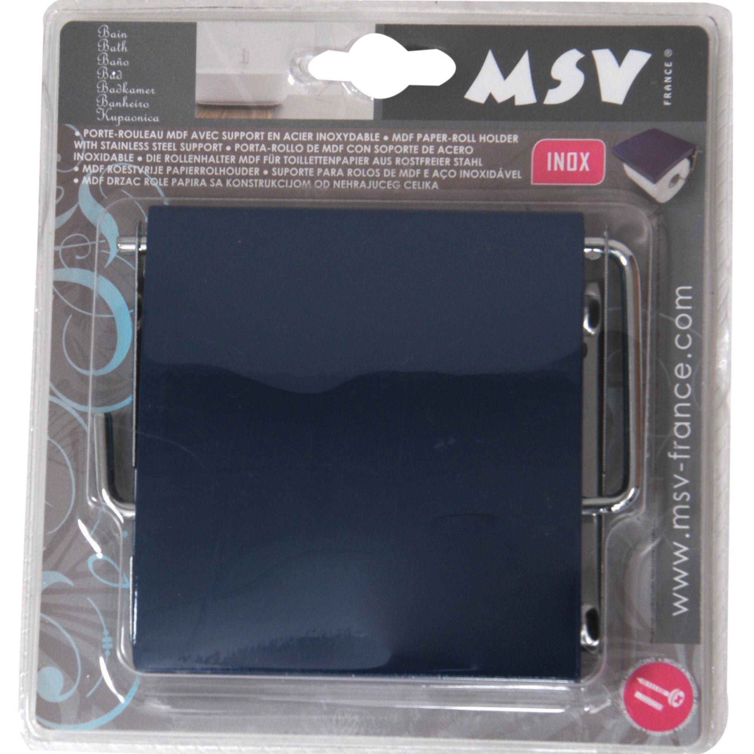 Verpackter navy-blauer Edelstahl-Toilettenpapierhalter mit „MSV