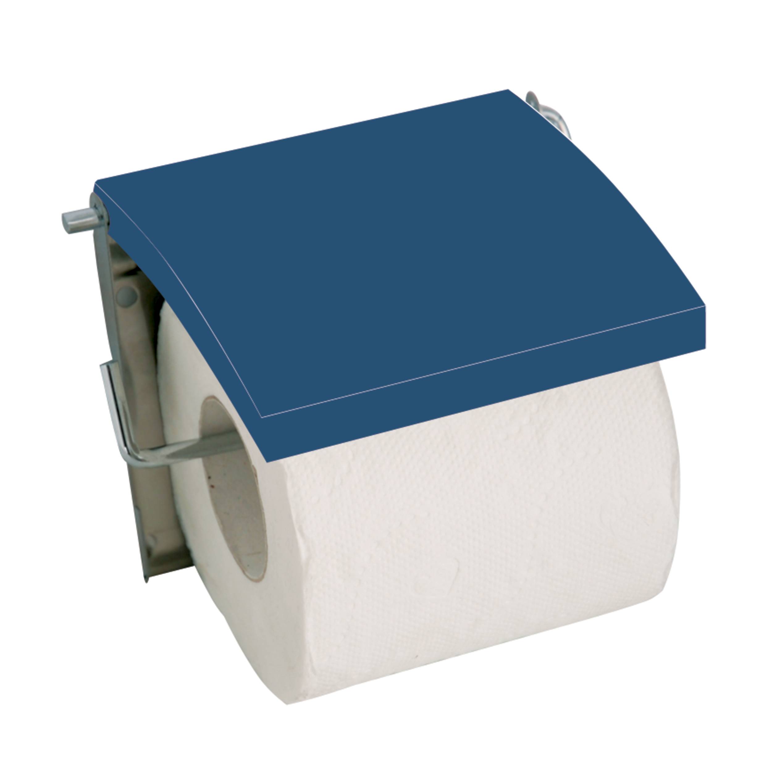Wandmontierter Toilettenpapierhalter mit einer teilweise aufgebrauchten weißen Rolle und blauem Deckel