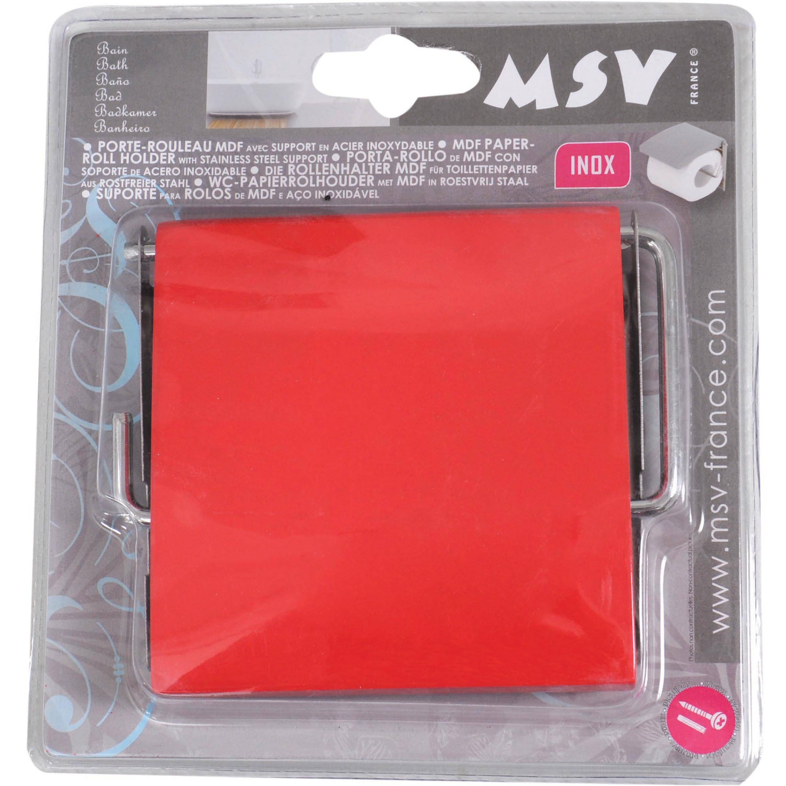 Rot montierte Toilettenpapierhalter an der Wand in MSV INOX Verpackung.