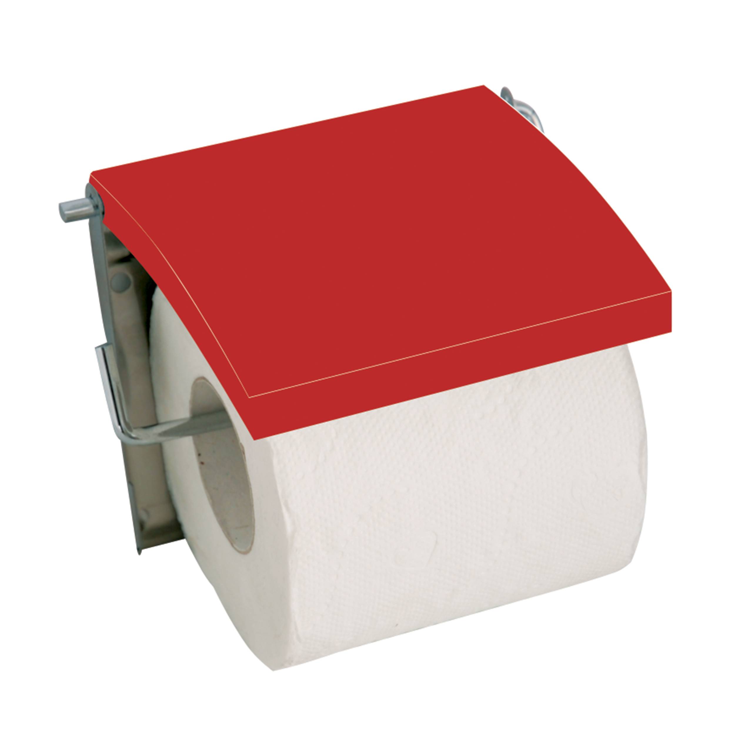 Wandmontierter Toilettenpapierhalter mit roter Abdeckung und einer Toilettenpapierrolle.