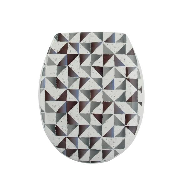 Ovales Keramiktablett mit einem grauen, weißen und bordeauxroten geometrischen Dreiecksmuster auf weißem Hintergrund.