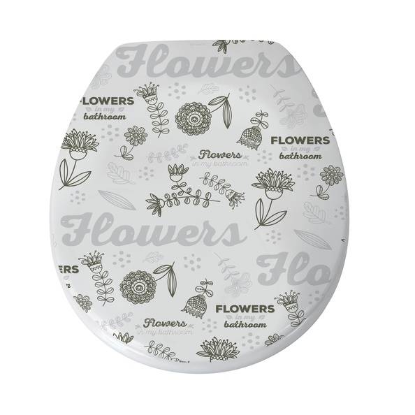 Runde weiße Toilettensitzfläche mit grauem Blumenmuster und wiederholtem Text 