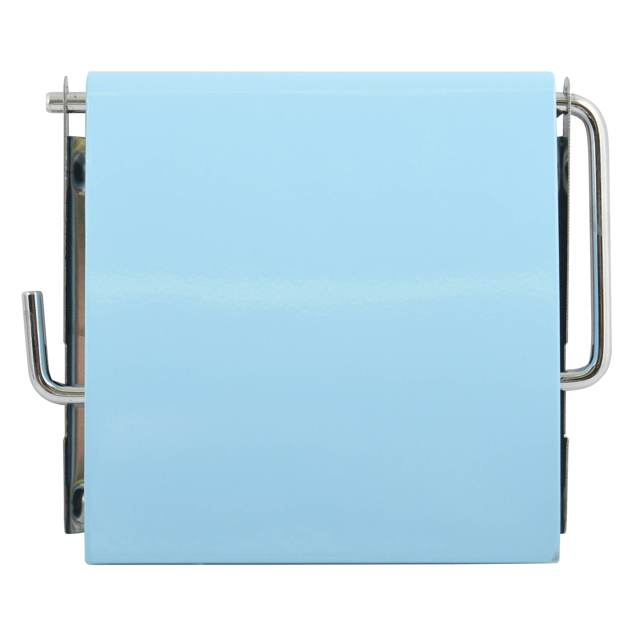 Hellblaue Toilettenpapierrollenhalter mit quadratischer Abdeckung und verchromten Montagearmen auf weißem Hintergrund.