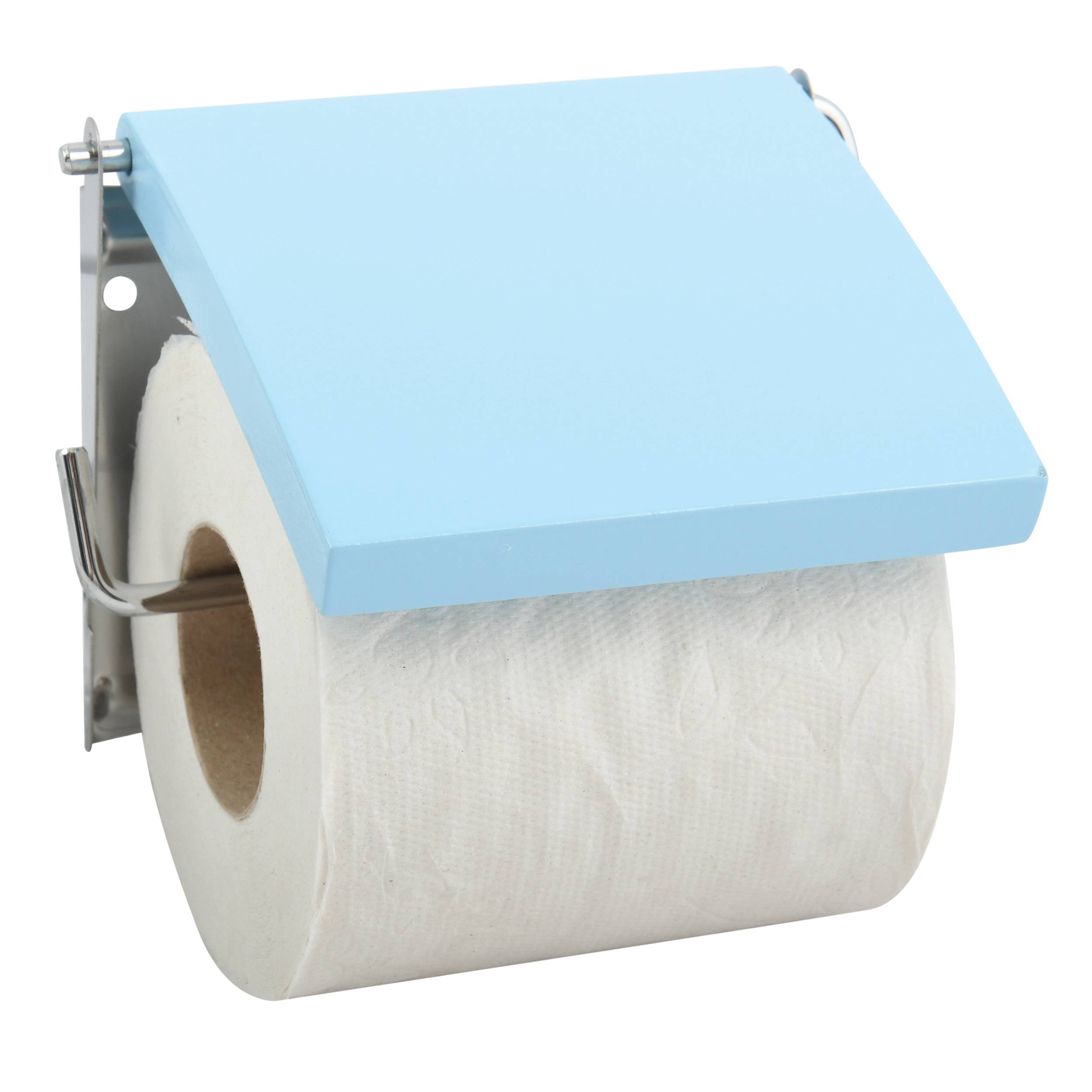 An der Wand angebrachter Toilettenpapierhalter mit einer Rolle weißem Toilettenpapier und einer hellblauen Abdeckung.