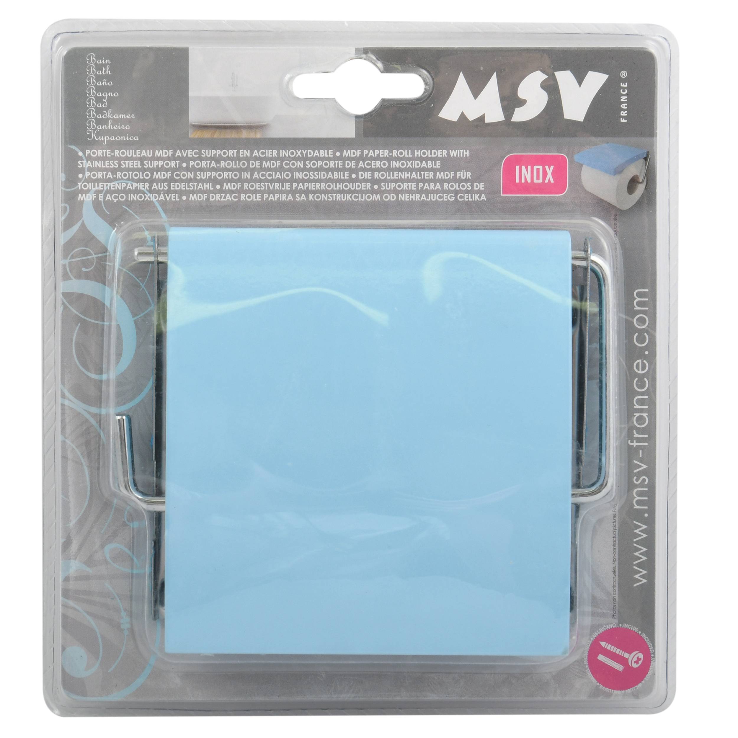 Blauer quadratischer Haftnotizhalter in MSV-Verpackung, mit den Bezeichnungen „INOX" und „www.msv-france.com"".