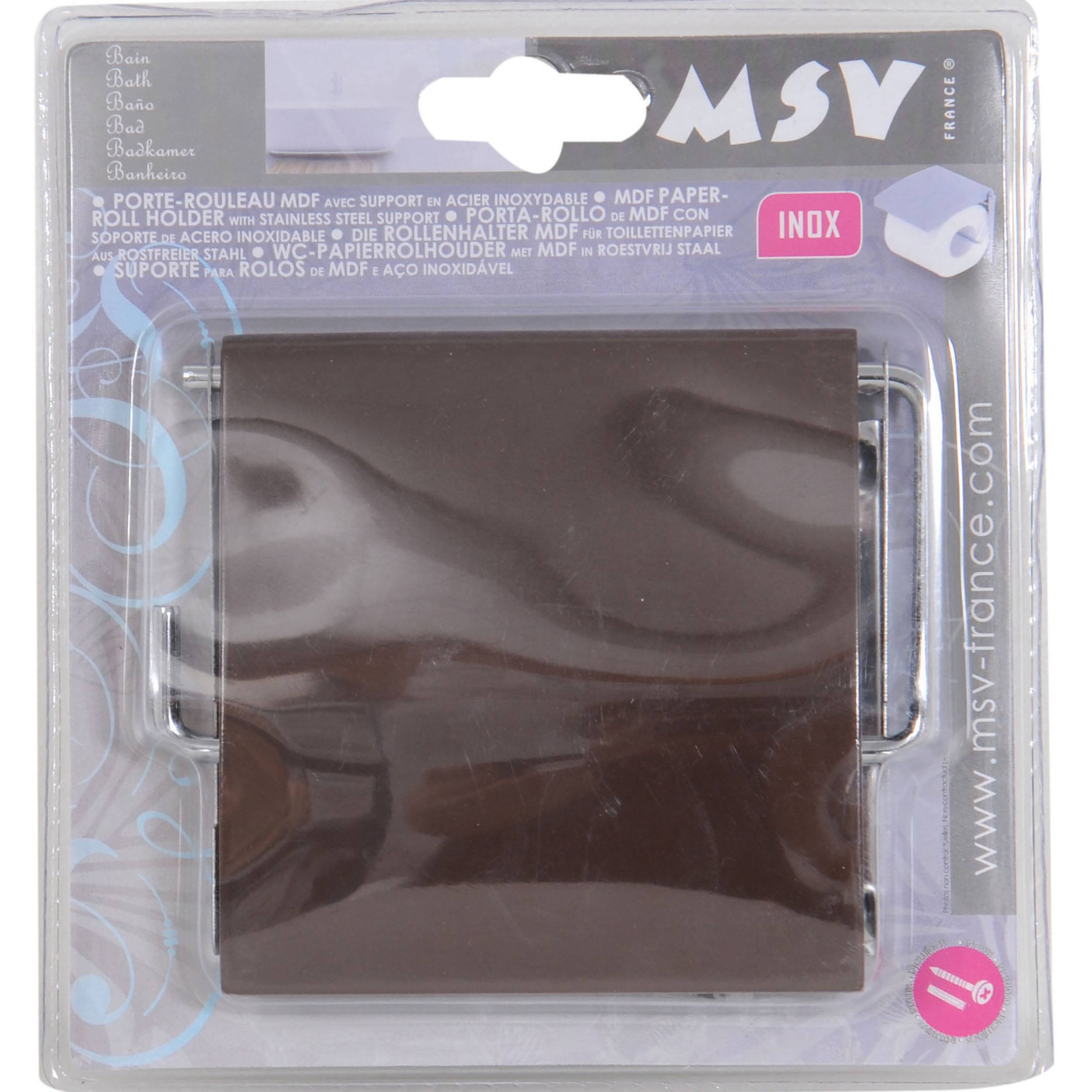 Verpackter schwarzer Toilettenpapierrollenhalter mit Edelstahlstütze, Marke MSV und gekennzeichnet mit INOX.